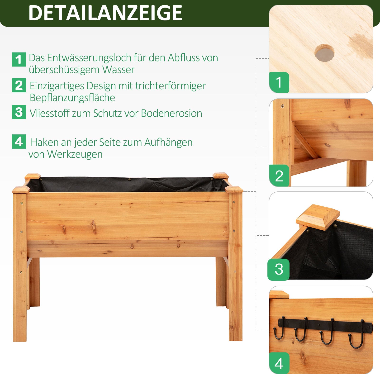 Outsunny Hochbeet aus Holz Kräuterbeet Pflanzkasten mit Abflussloch Haken Blumenkasten mit Füßen Massivholz Natur 120 x 60 x 81 cm