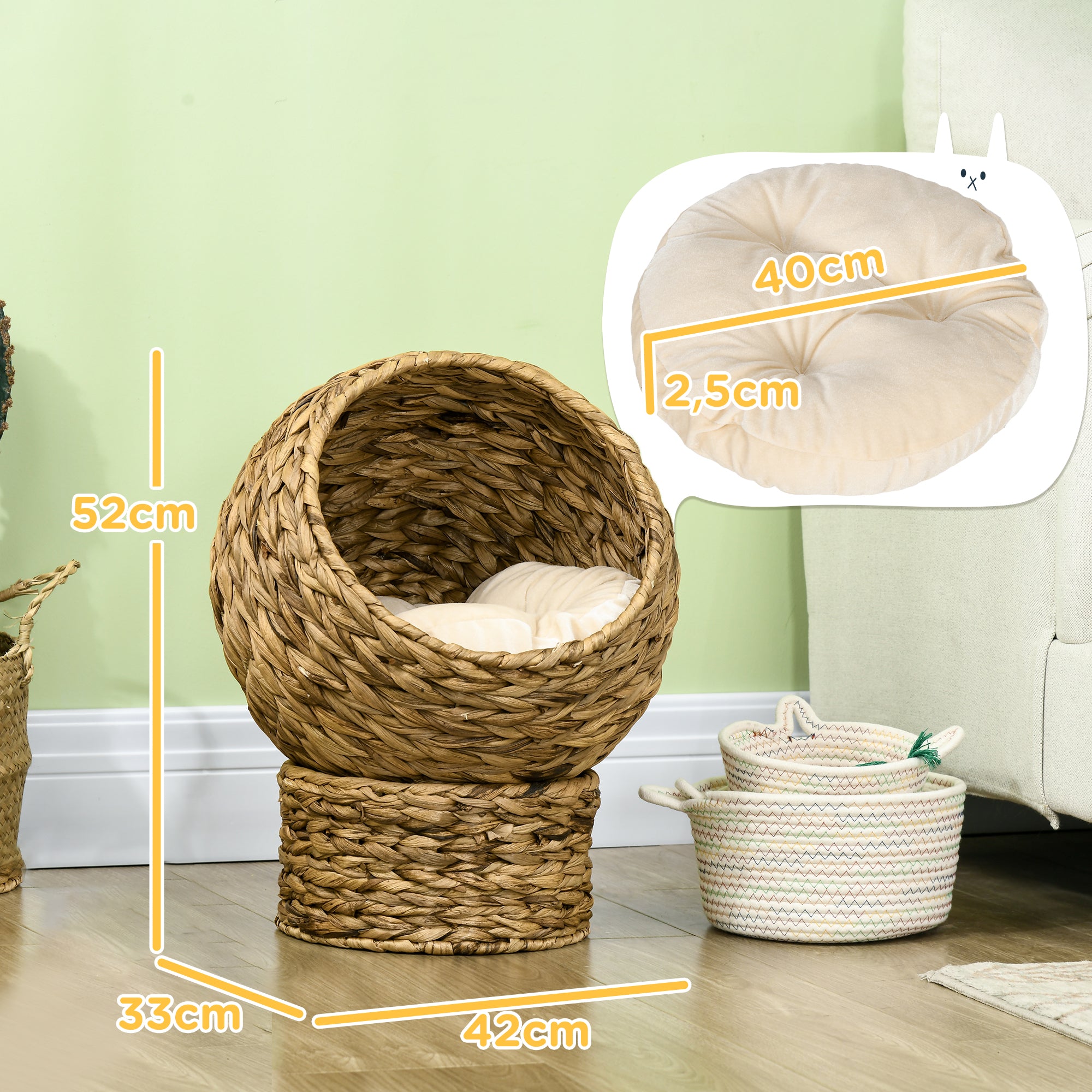 PawHut Rattan Katzenkorb Katzenhöhle Katzenhütte Katzenbett mit Kissen Haustierbett Wasserhyazinthe Braun 42 x 33 x 52 cm