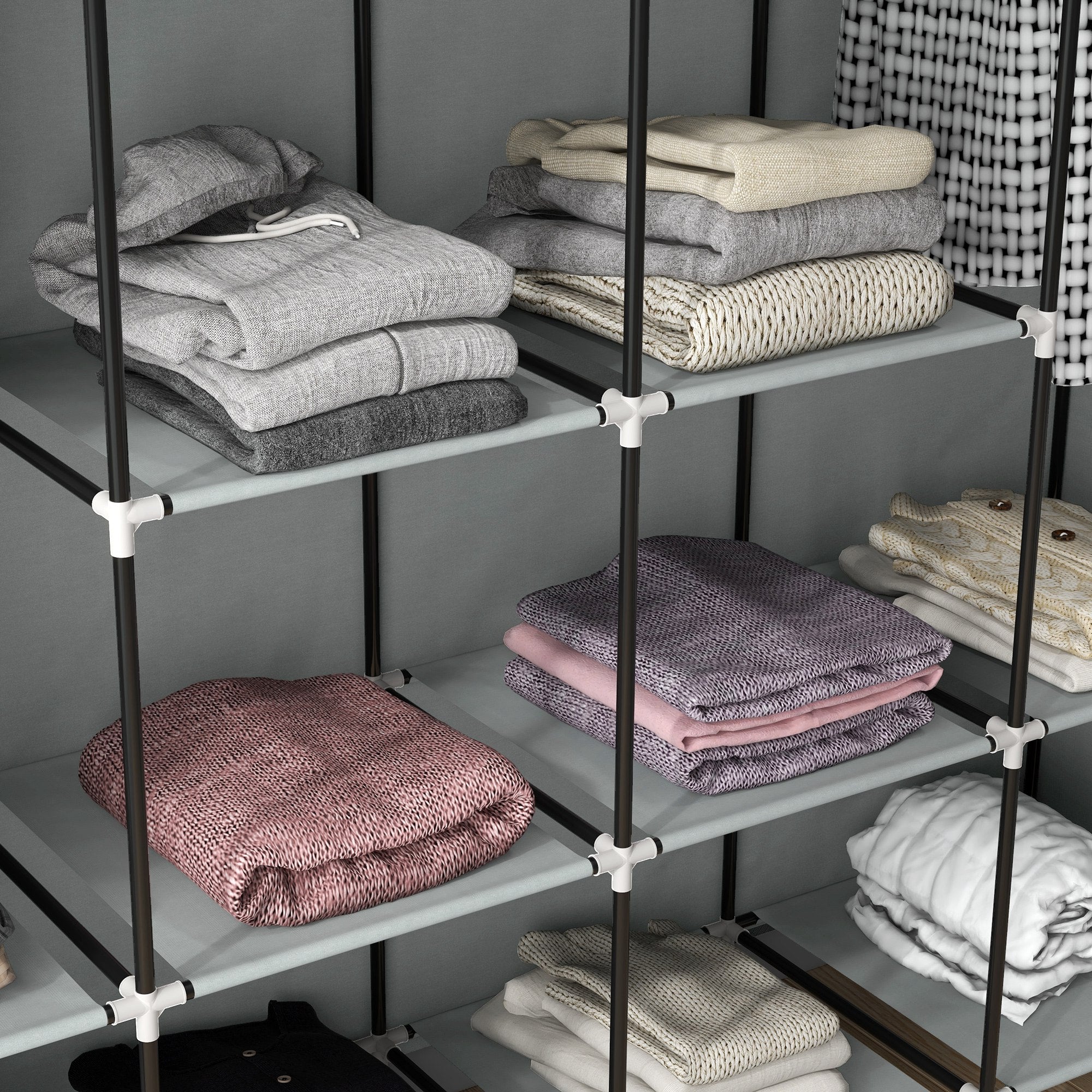 HOMCOM Kleiderschrank Stoffschrank, Türen, 2 Kleiderstangen, 10 Fächer, Grau