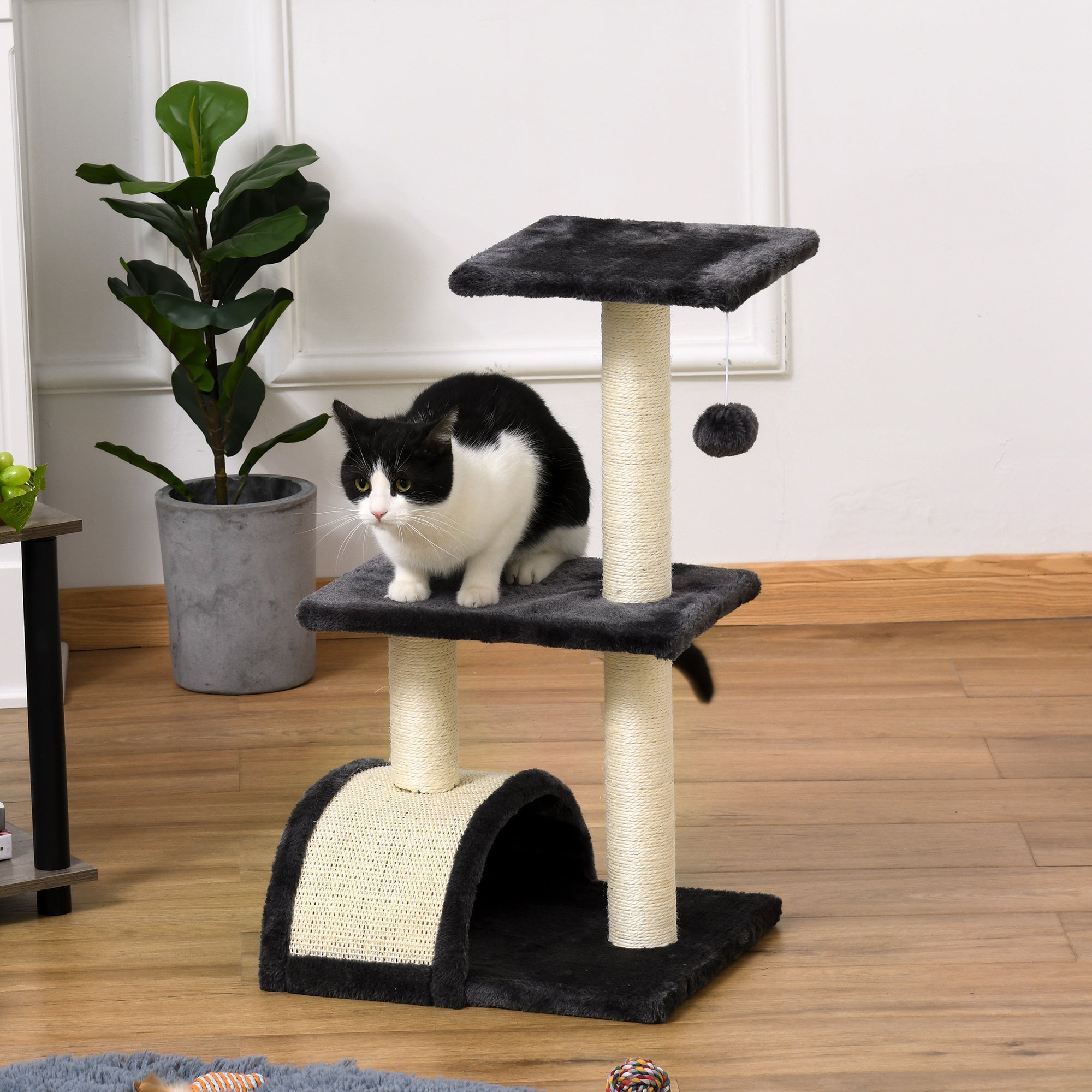 PawHut Kratzbaum 72 cm Katzenturm mit Plüschballen, Sisalstämme, Plattform, Kratzbrett mehrstöckiger Katzenkratzbaum, Kletterbaum, für mittelgroße Katzen, Grau