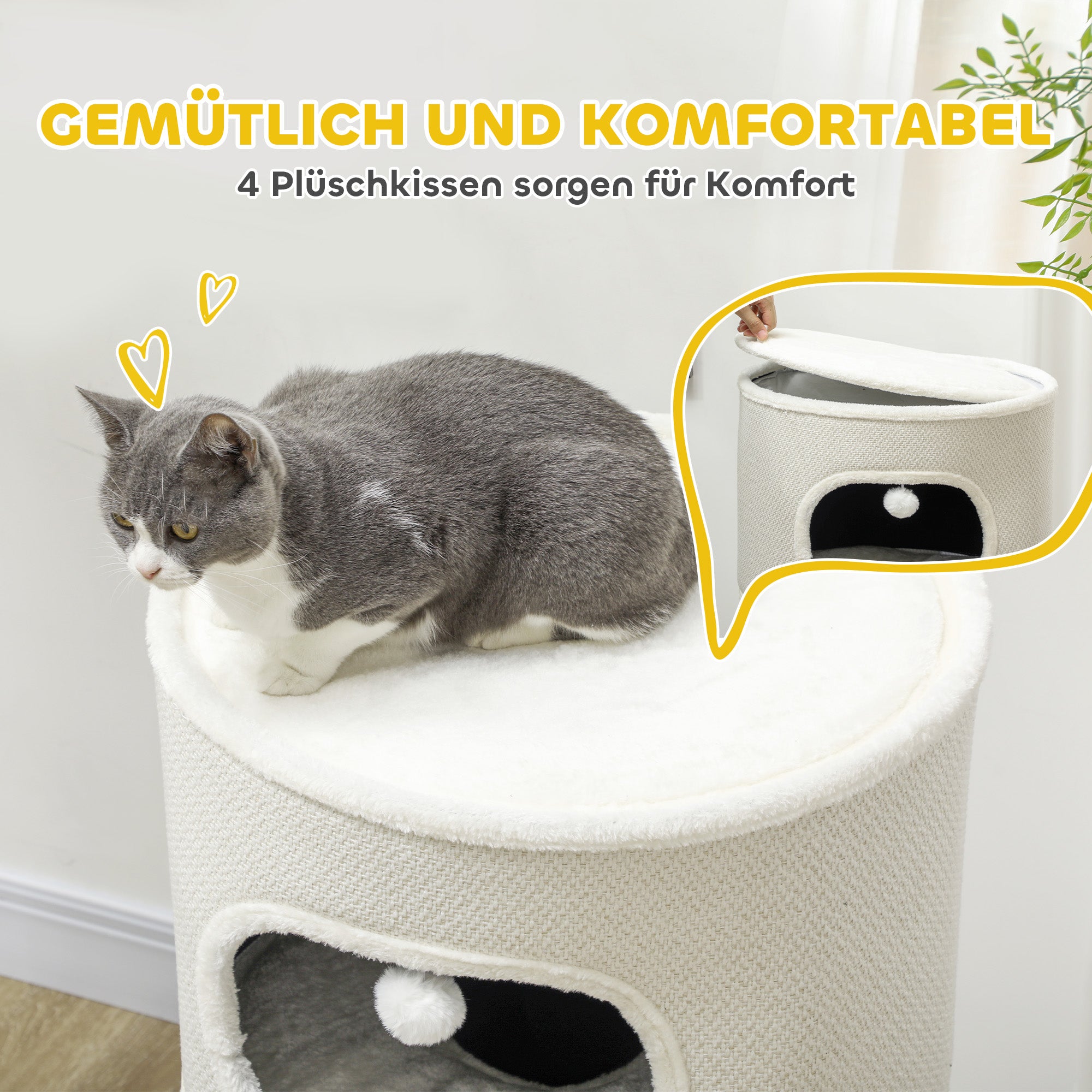 PawHut Katzenfass, 4 Ebenen, mit Kissen, Kratzmatte, Spielbällen, Katzenhaus für Innenbereich, Beige