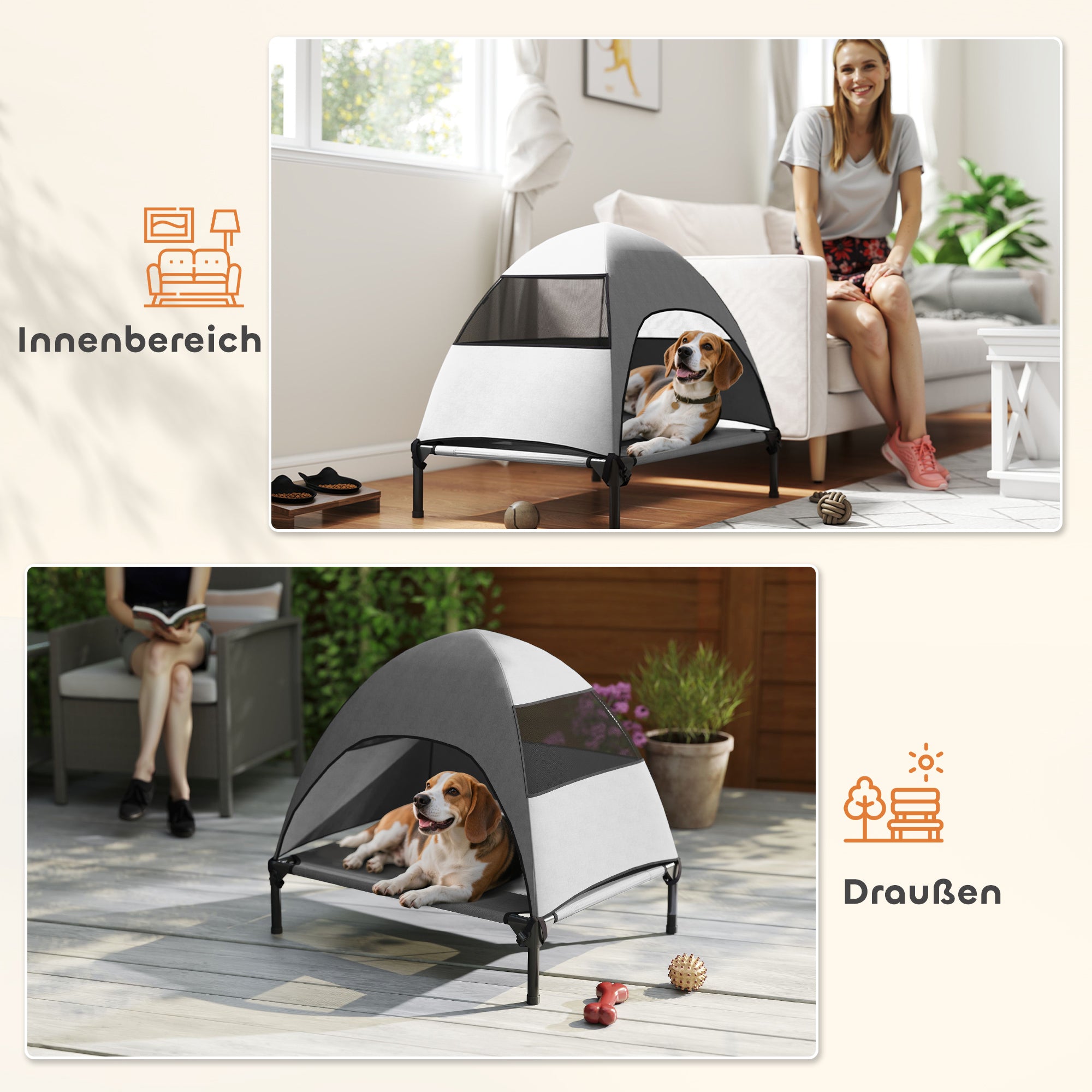 PawHut Hundeliege Outdoor mit Dach, Erhöhtes Hundebett für Mittelgroße Hunde, 76 x 61 x 71cm, Hellgrau