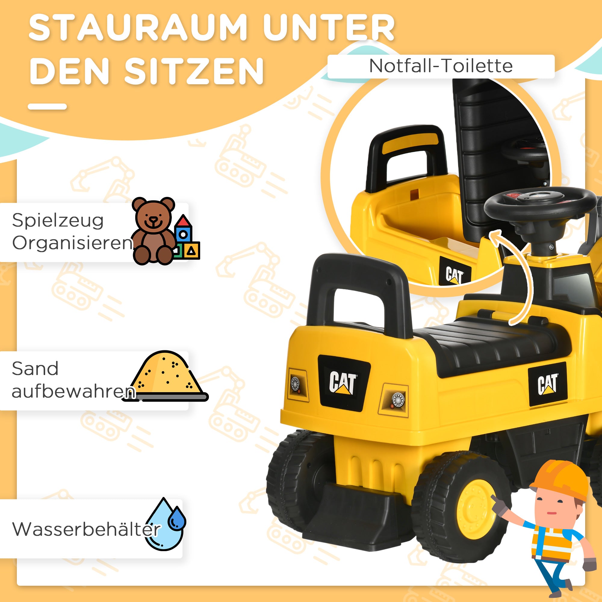 HOMCOM Kinderbagger, Rutscher, bedienbare Baggerschaufel, Kippschutz, rutschfeste Räder, gelb+schwarz, 78 x 29,5 x 54 cm