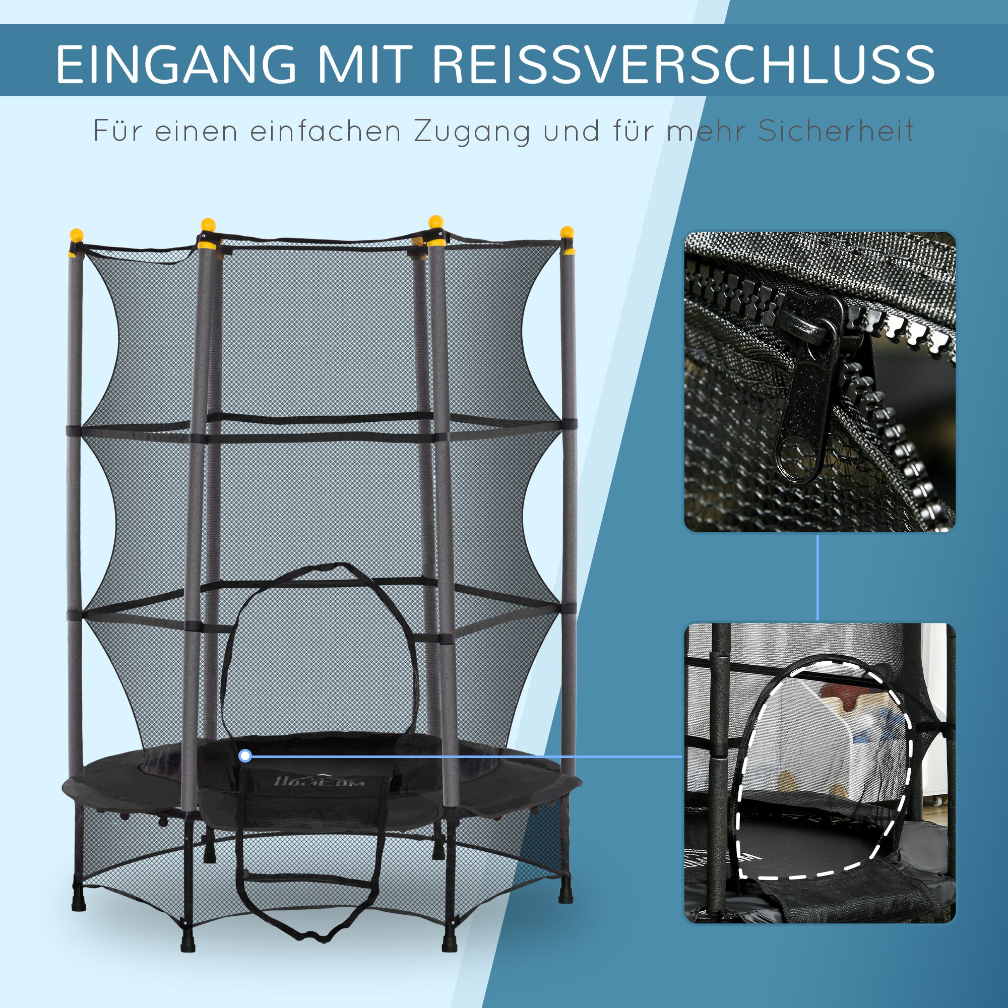 HOMCOM Trampolin für Kinder, Ø140 cm, mit Sicherheitsnetz, für innen und außen, Stahl, Kunststoff, belastbar bis 50 kg, Schwarz