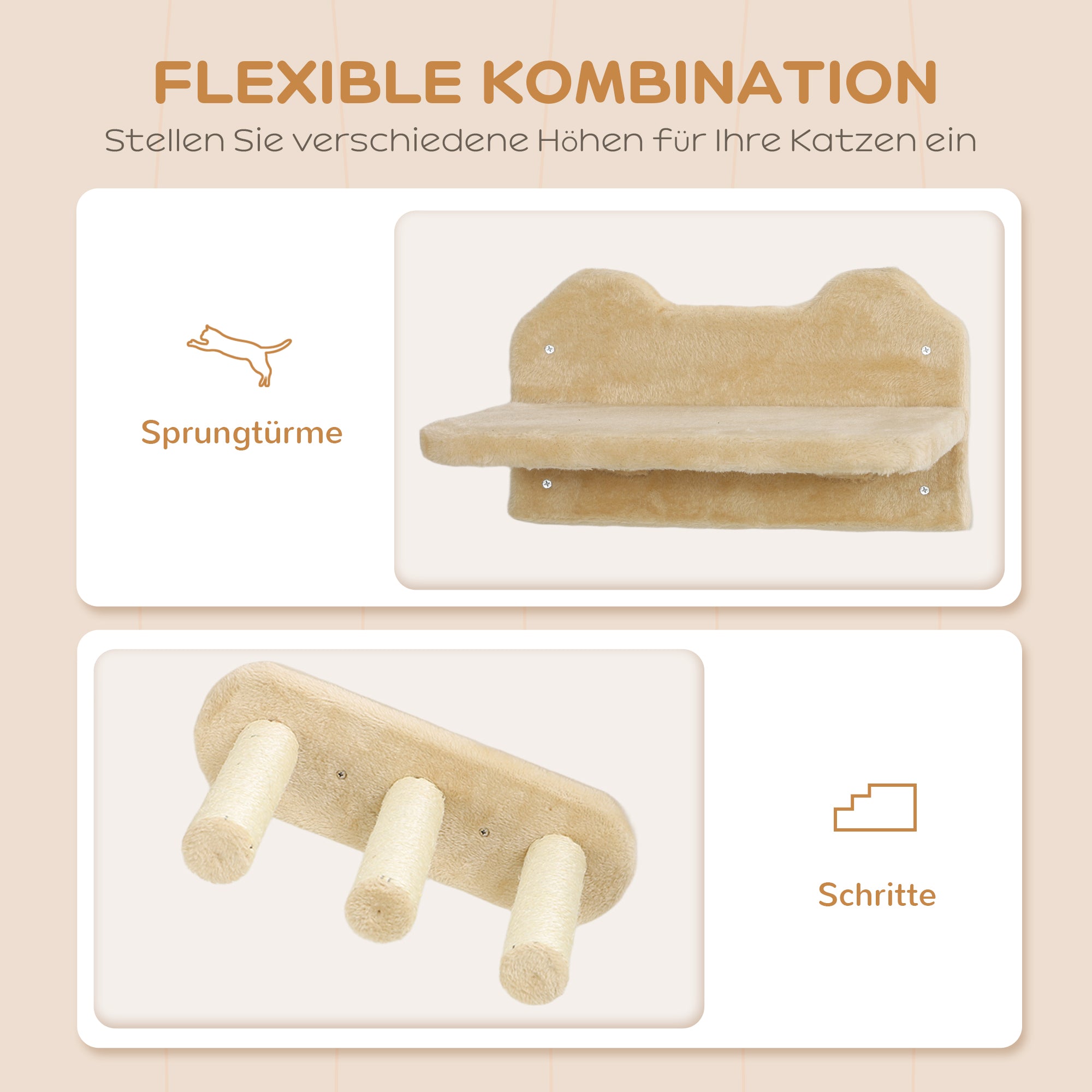 PawHut Katzentreppen-Set, Wand- und Deckenmontage, für Katzen bis 5 kg, Beige