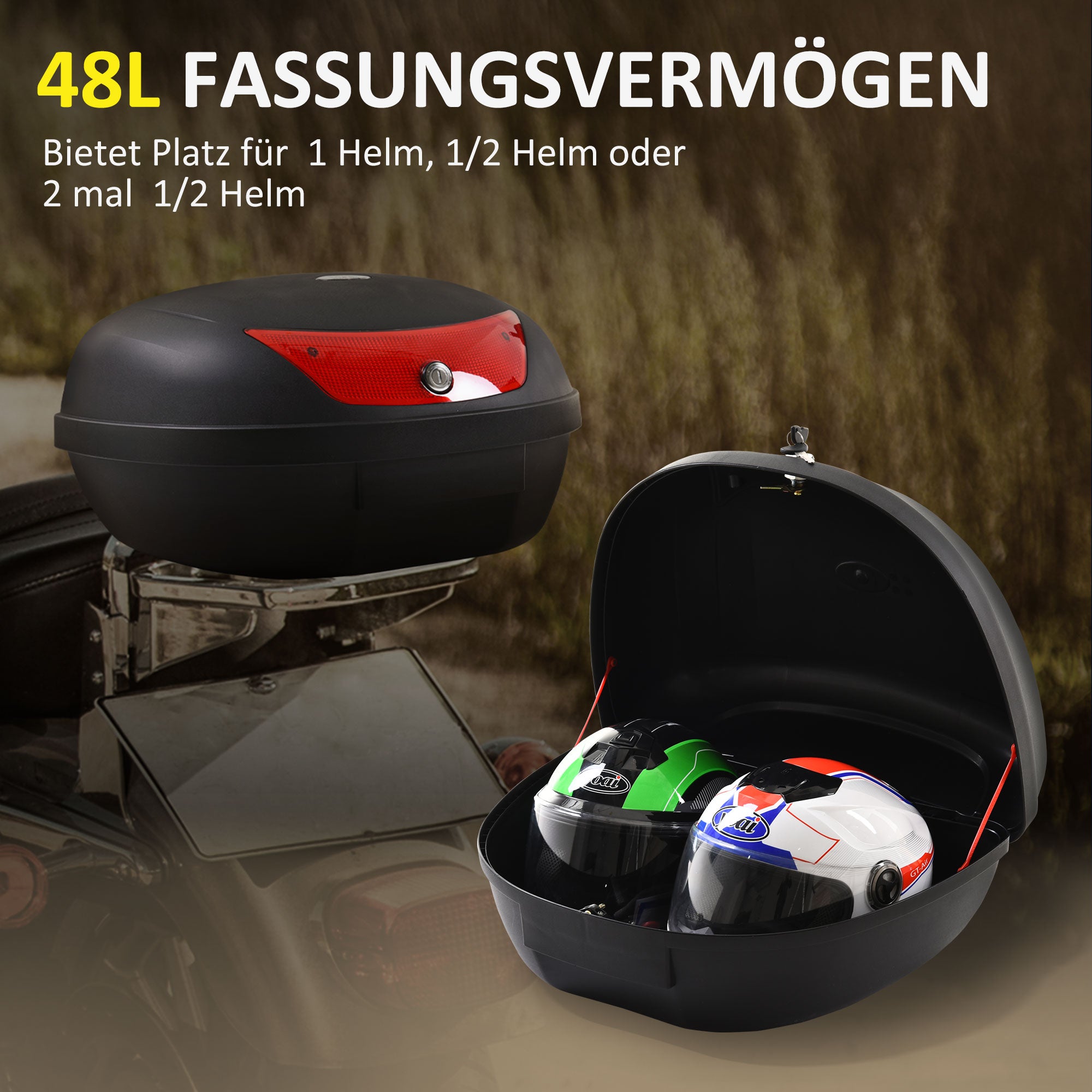 HOMCOM Motorradkoffer, Rollerkoffer für Motorräder, Roller, Mofas und Quads, 48 L Helmkoffer, Topcase, Schwarz, 59 x 43 x 33 cm