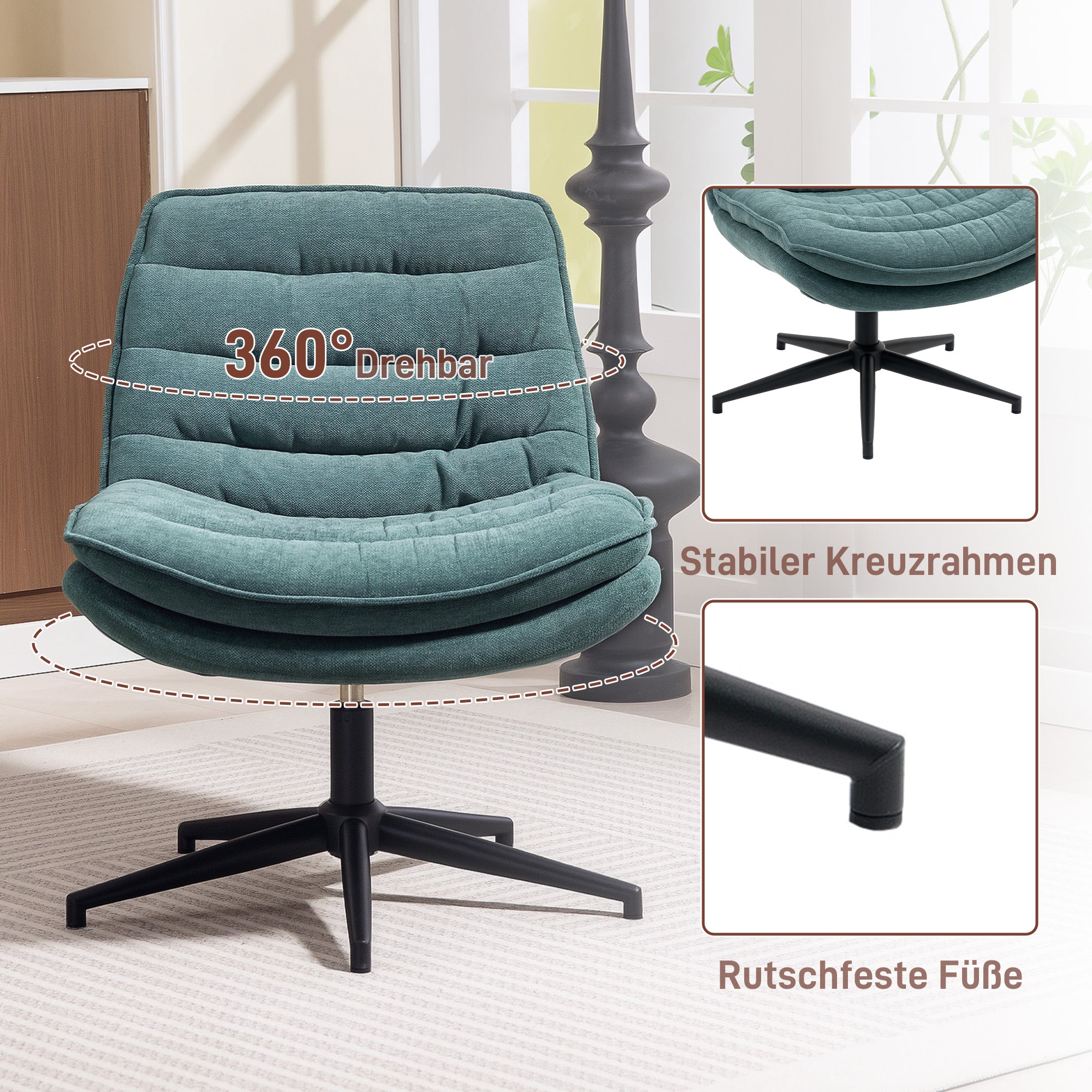 HOMCOM Drehbarer Bürostuhl mit breitem Sitz, Geräumiger Polsterstuhl fürs Büro, Arbeitszimmer, Dunkelgrün