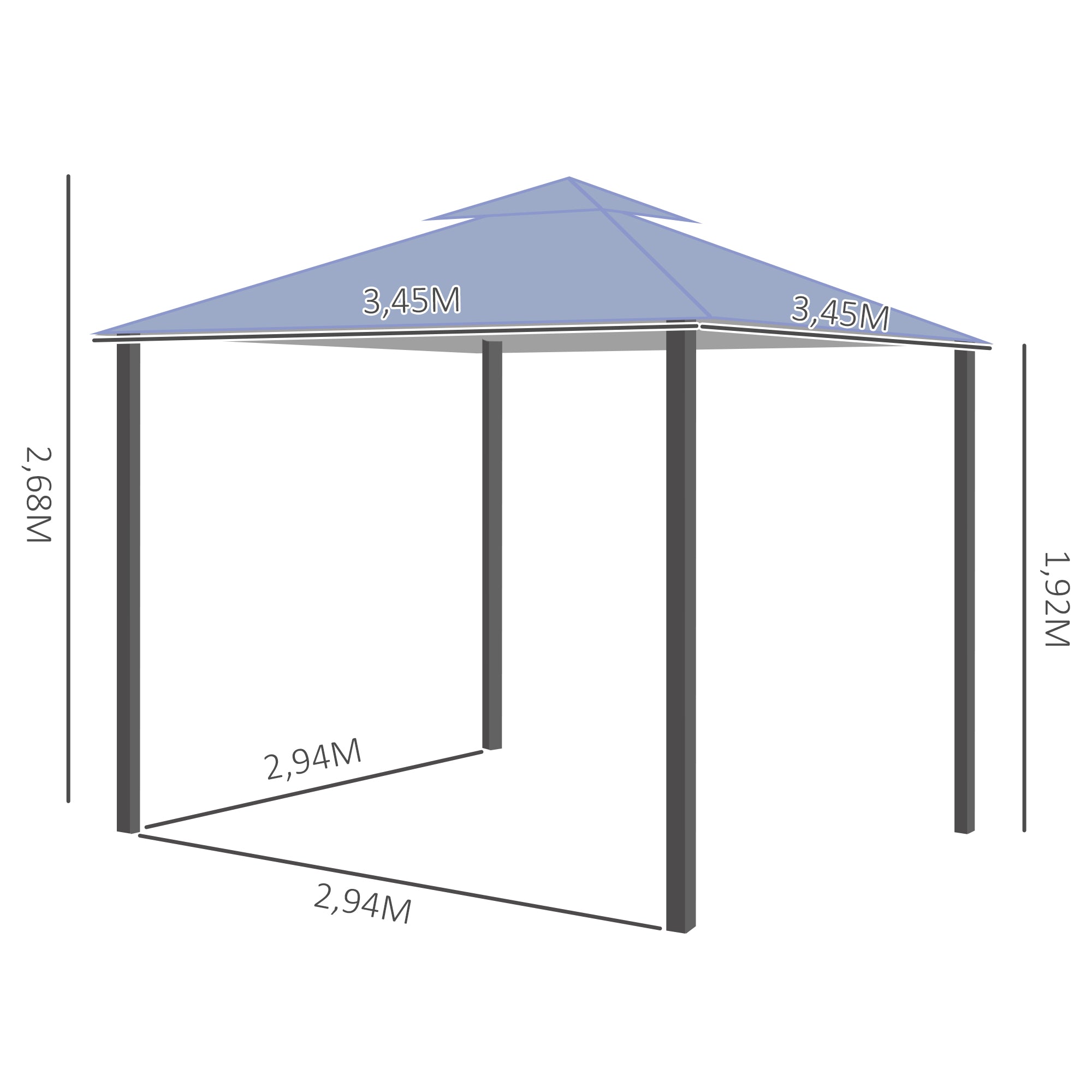 Outsunny Pavillon Partyzelt mit Doppeldach 3,45x3,45x2,68m Festzelt Gartenlaube Metall Polyester Grau