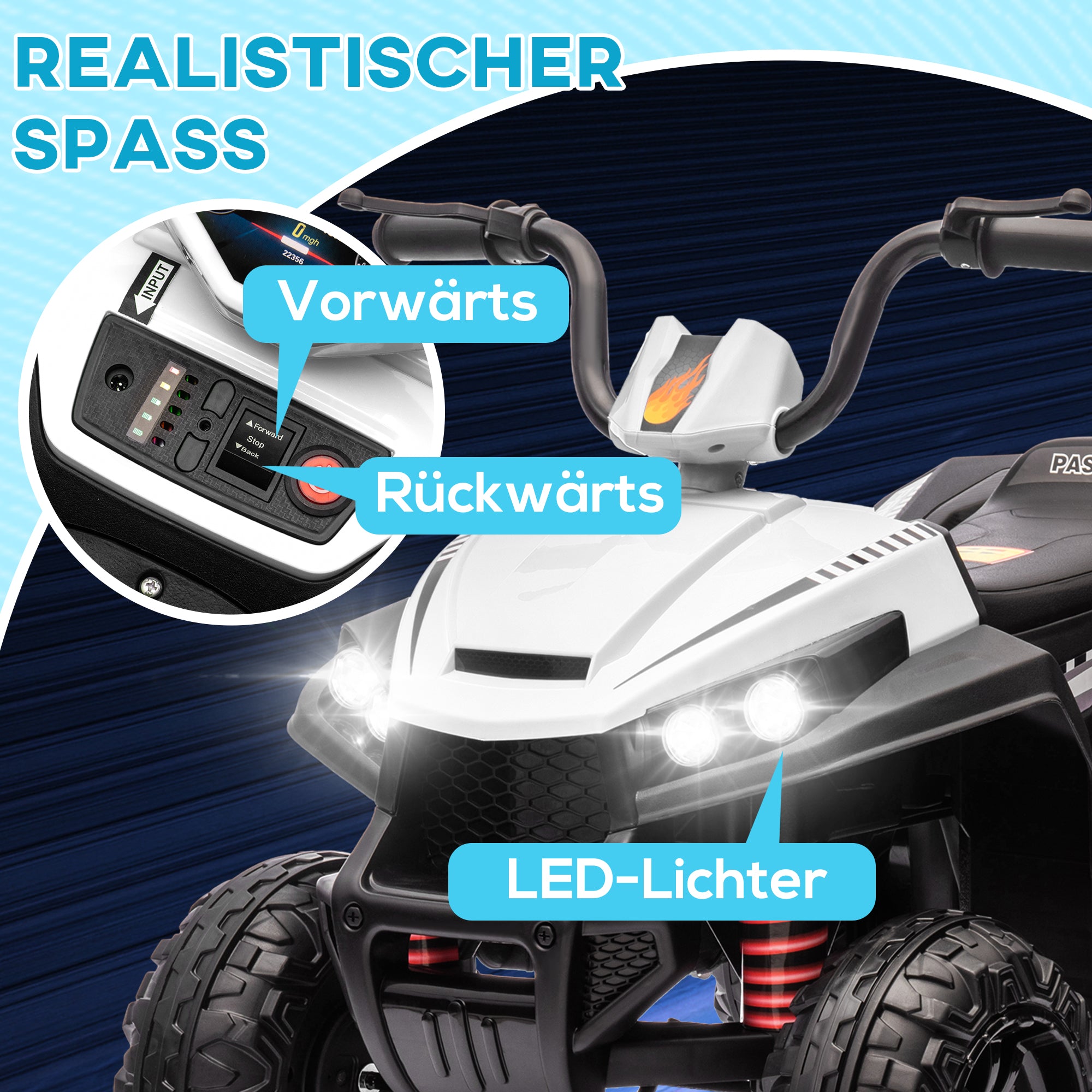 AIYAPLAY Elektro-Kinderquad, Licht & Musik, Federung, 5 km/h, 50 Min. Fahrzeit, für 3-5 Jahre, Weiß