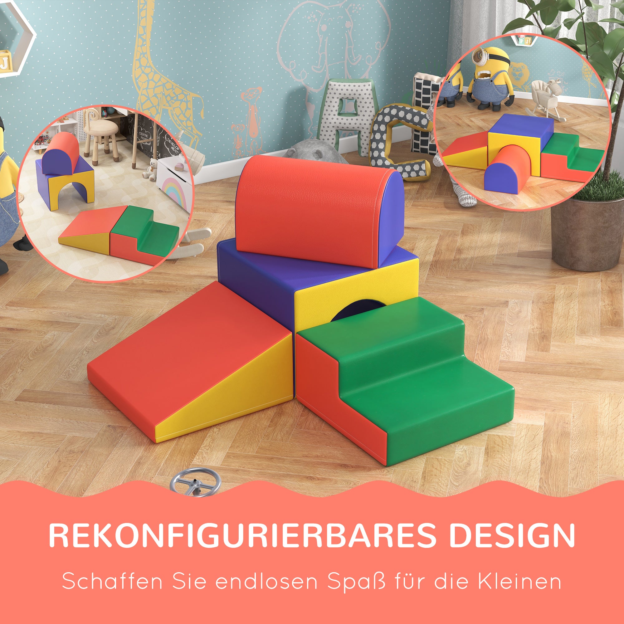 HOMCOM 4er Softbaustein-Set zum Klettern und Rutschen, Kunstlederbezug, für Kinder im Alter von 1-3 Jahren, Mehrfarbig