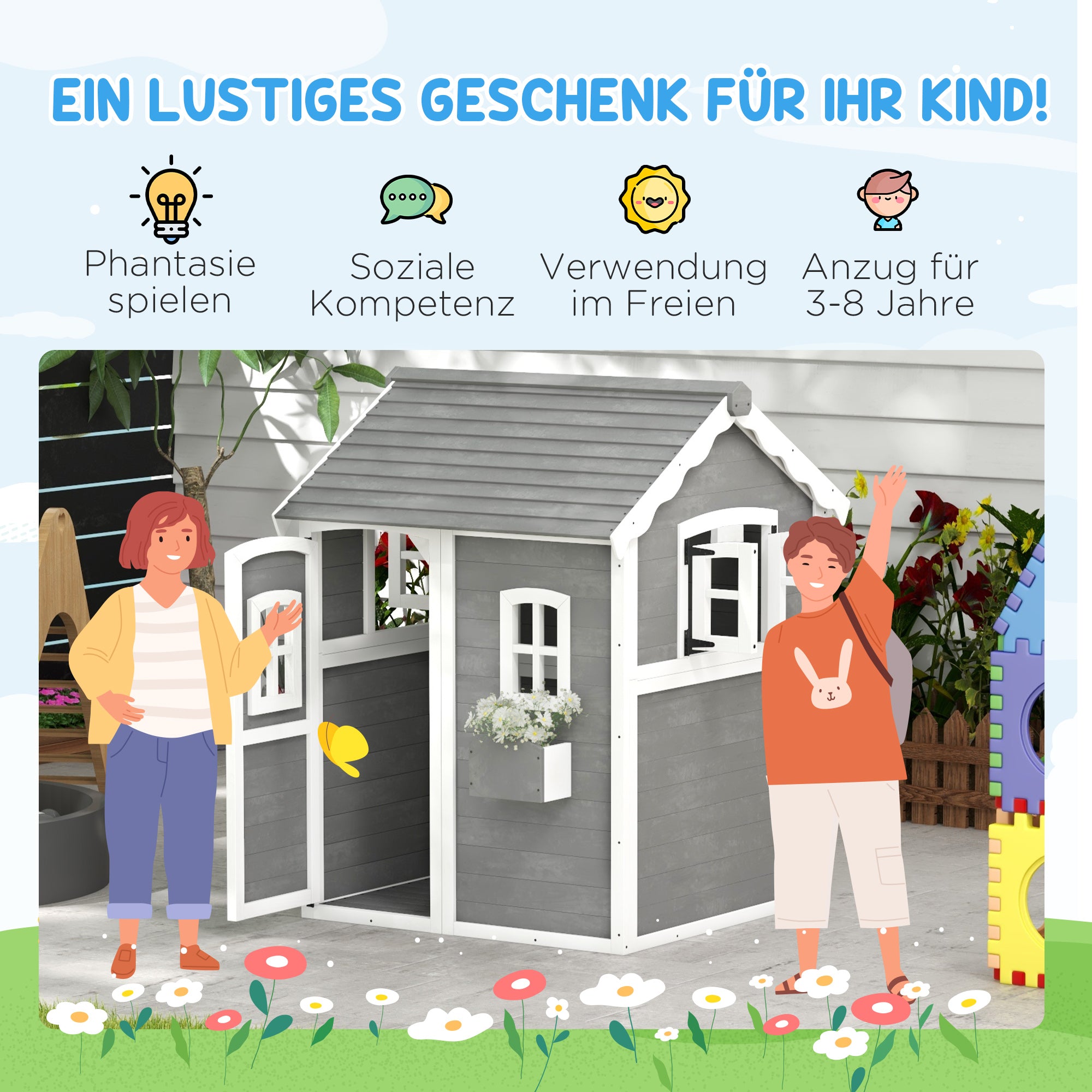 Outsunny Spielhaus für Kinder, Indoor- und Outdoor-Haus mit Tür, Fenstern und Pflanzkasten, Tannenholz, Grau