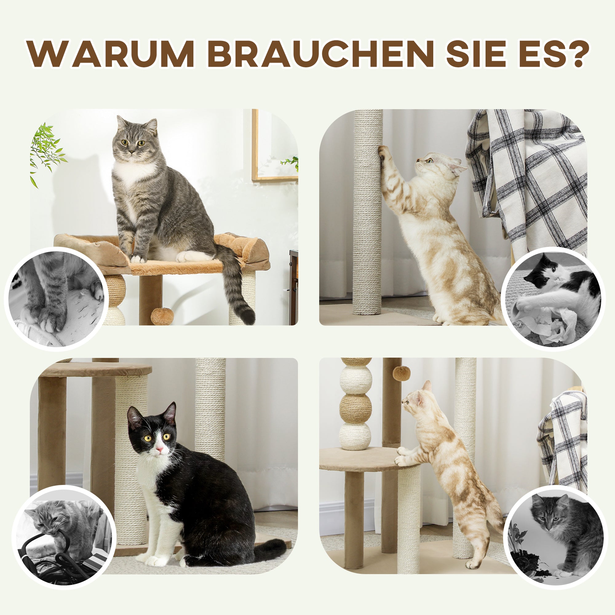 PawHut Kratzbaum mit 2 Etagen, Spielball, Kratzstämmen, Kratzkugeln, bis 7 kg, 56 x 54 x 86 cm, Braun