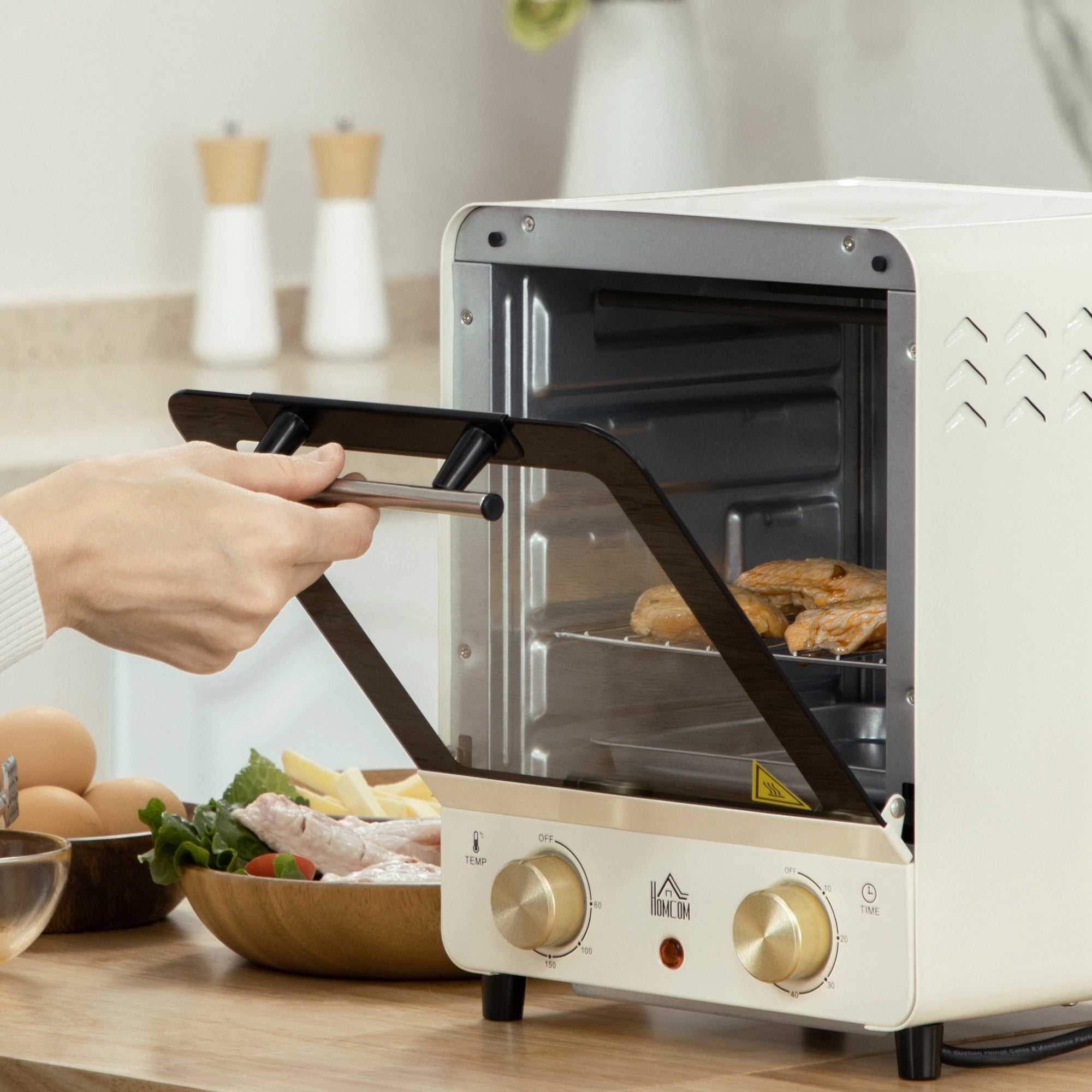 HOMCOM Mini Ofen 15L Fassungsvermögen, höhenverstellbares Backblech und Gitterrost, 1000W, Cremeweiß