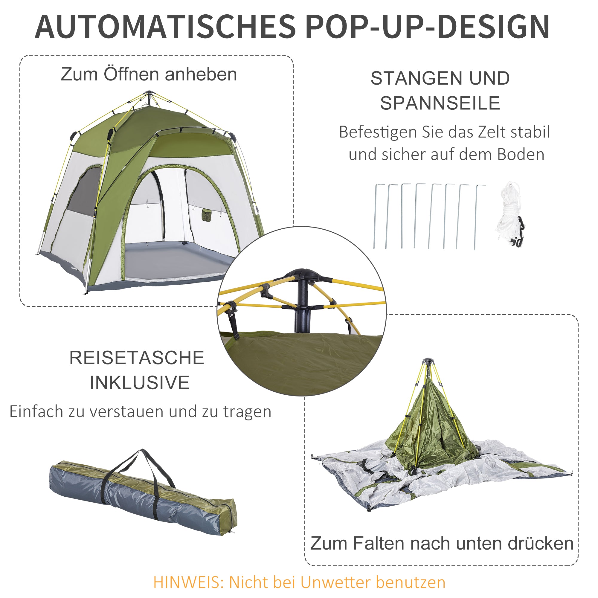 Outsunny Pop-up-Zelt Automatischer Aufbau Wetterfest Hydraulischer Druckmechanismus 240 cm x 240 cm x 199 cm Grün+Grau