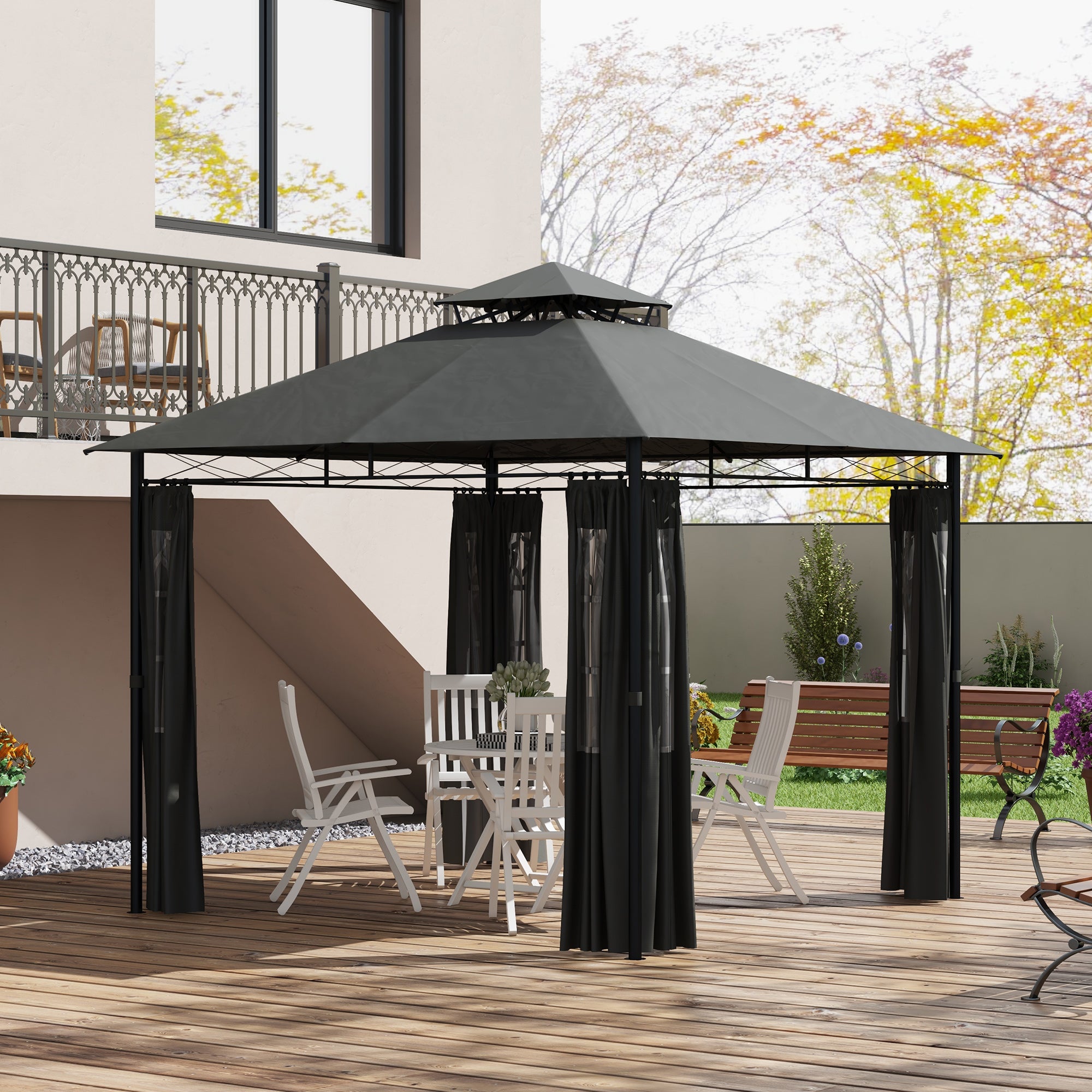 Wetterfester Pavillon 3x3 m mit Seitenwand, Dunkelgrau