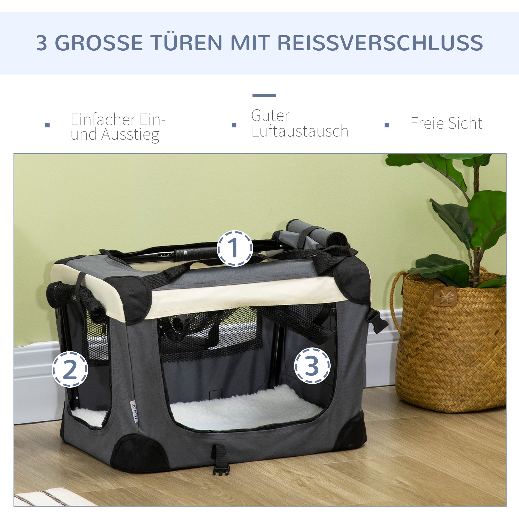 PawHut Transporttasche, Transportbox, für Katzen und kleine Hunde, faltbar, 3 Türen, grau, 50,5 x 33,5 x 35cm