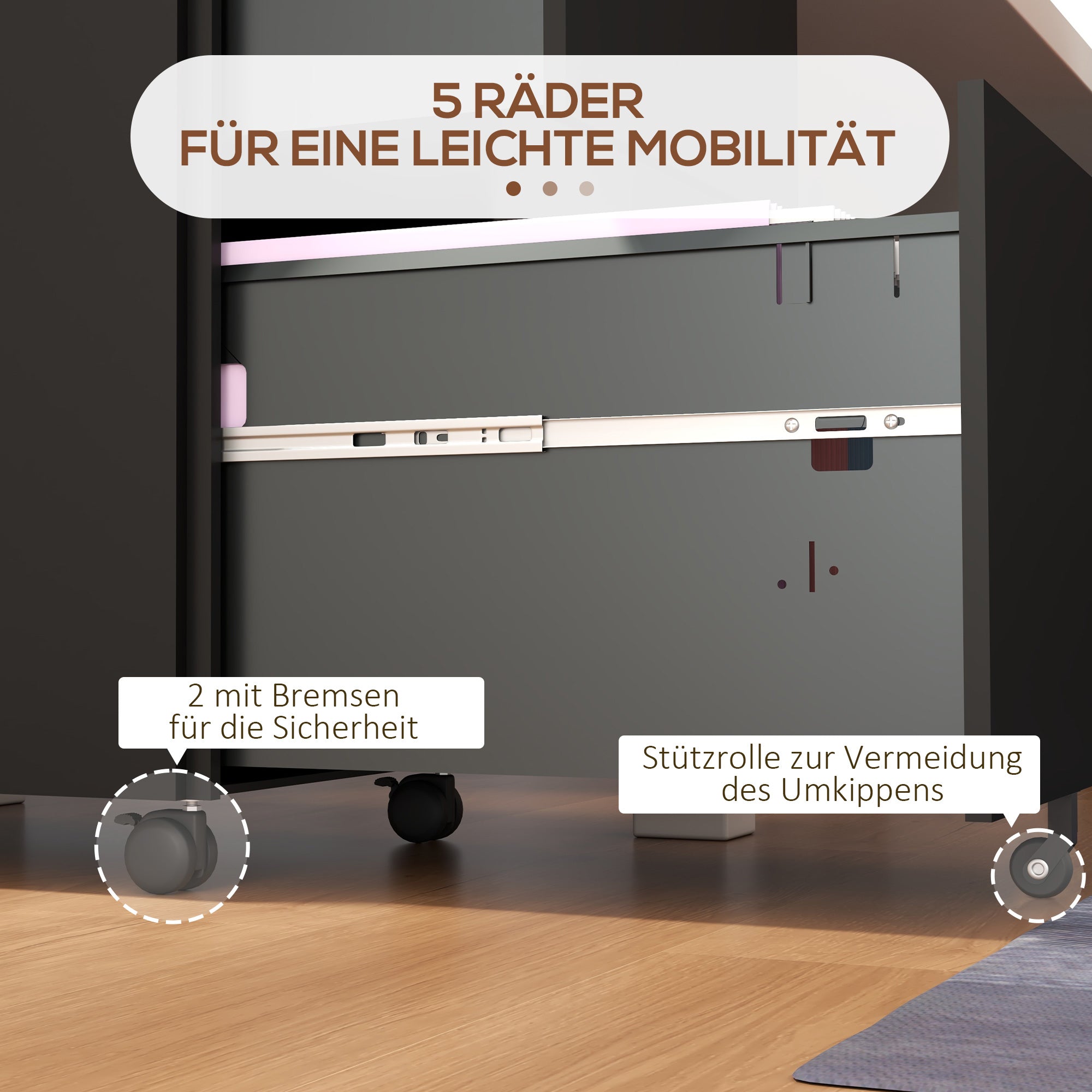 Vinsetto Rollcontainer Aktenschrank, 2 Schubladen, ab­schlie߭bar, rollbar, 37 cm x 43,5 cm x 67,5 cm, Schwarz