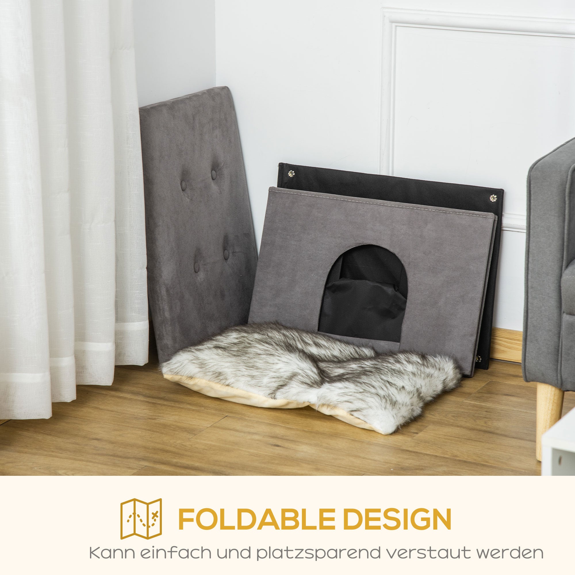 PawHut 2-IN-1 Katzenhöhle Fußhocker mit Kissen Holzbeine Katzenhaus Katzenkorb weich gepolstert Ottomane elegantes Design abnehmbar MDF Plüsch Grau 60 x 45 x 44,5 cm