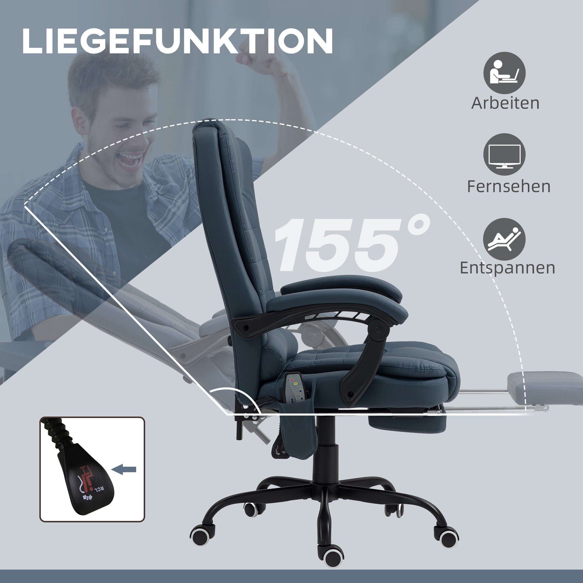 Vinsetto Massage-Bürostuhl, 7 Vibrationspunkte, verstellbare Fußstütze & Lehne, bis 120 kg, Lederoptik, Blau