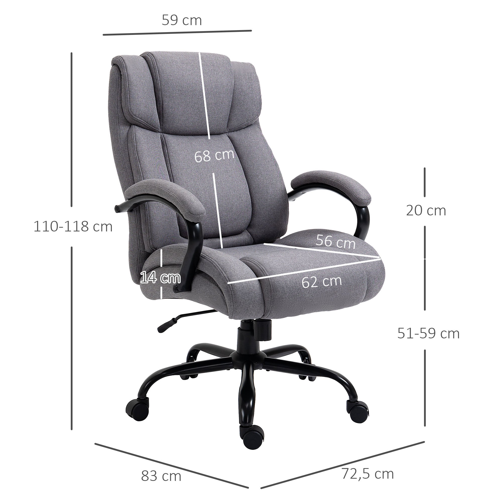 Vinsetto Bürostuhl, Ergonomischer Chefsessel, Gepolsterter Schreibtischstuhl mit Armlehne, Höhenverstellbarer Drehstuhl mit Wippfunktion, Leinenoptik, bis 220 kg belastbar, Hellgrau
