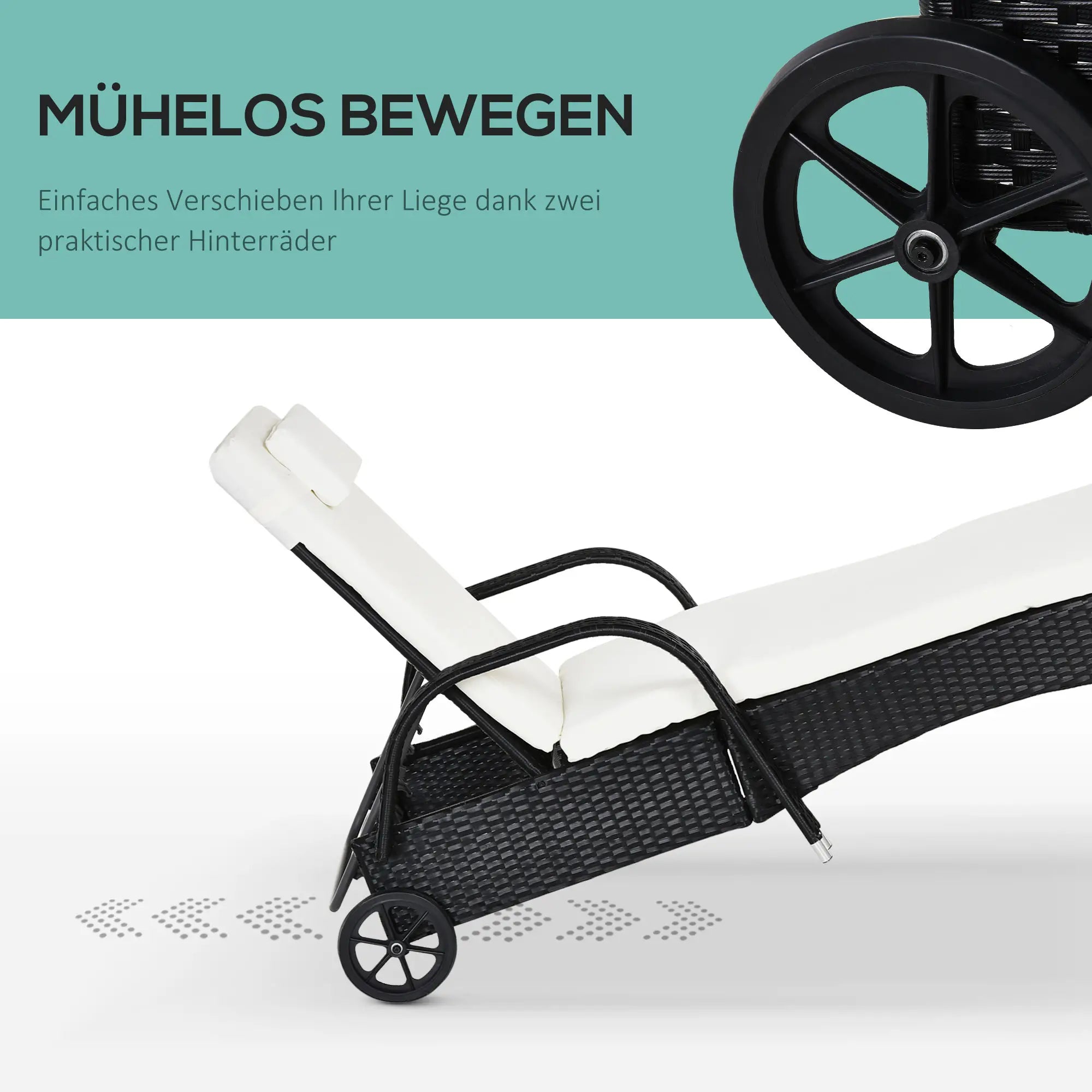 Outsunny Gartenliege Polyrattan mit Rollen 5-fach verstellbar
