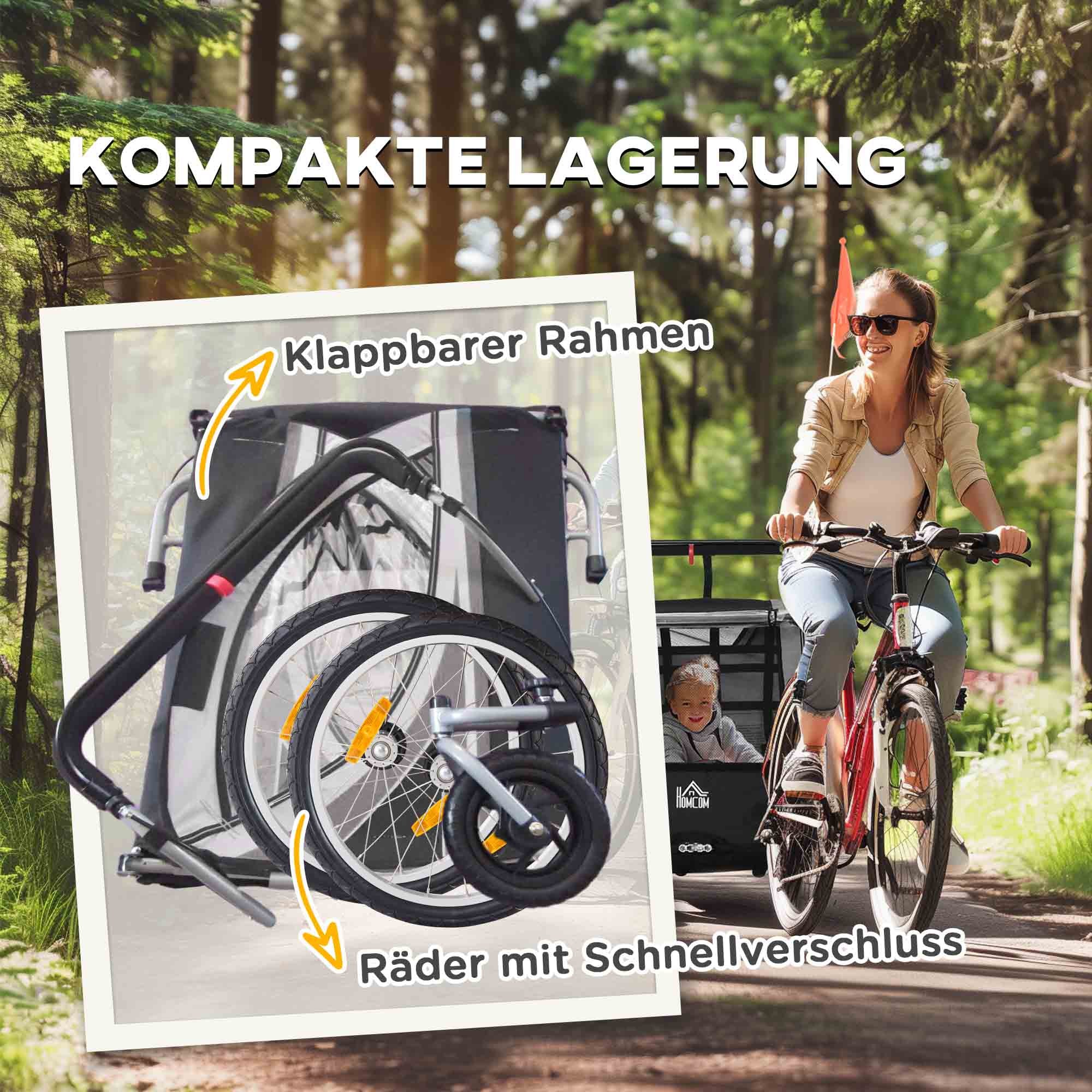 HOMCOM Kinderfahrradanhänger, Schiebewagen, mit Bremsen, klappbar, für 2 Kinder, Grau/Schwarz