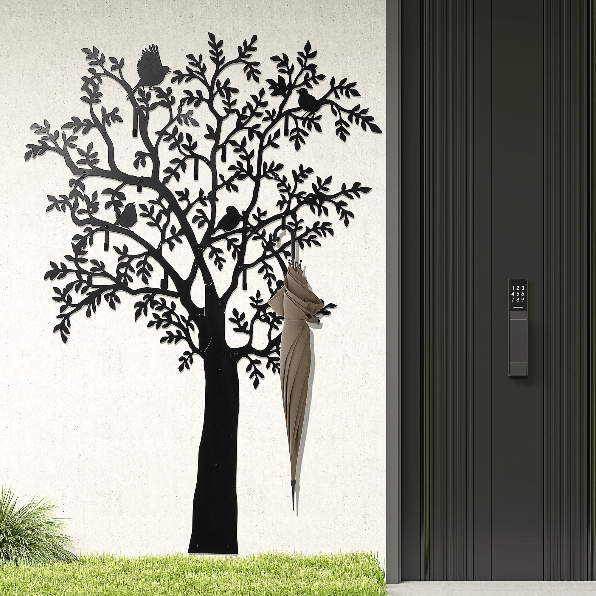 HOMCOM Wandgarderobe, Wandmontierter Mantelhaken, Baumdesign mit Vögeln, Schwarz