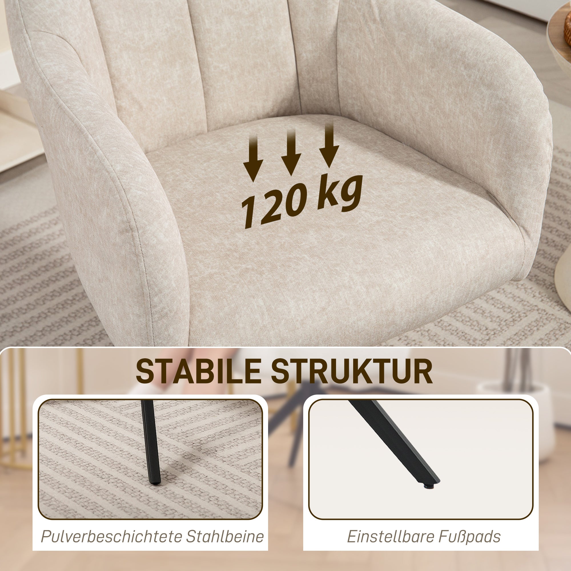 HOMCOM Drehbarer Akzentstuhl, Polsterstuhl mit Stoffbezug, Armlehnen, Stahlbeine, für Wohnzimmer, Schlafzimmer, Büro, Beige