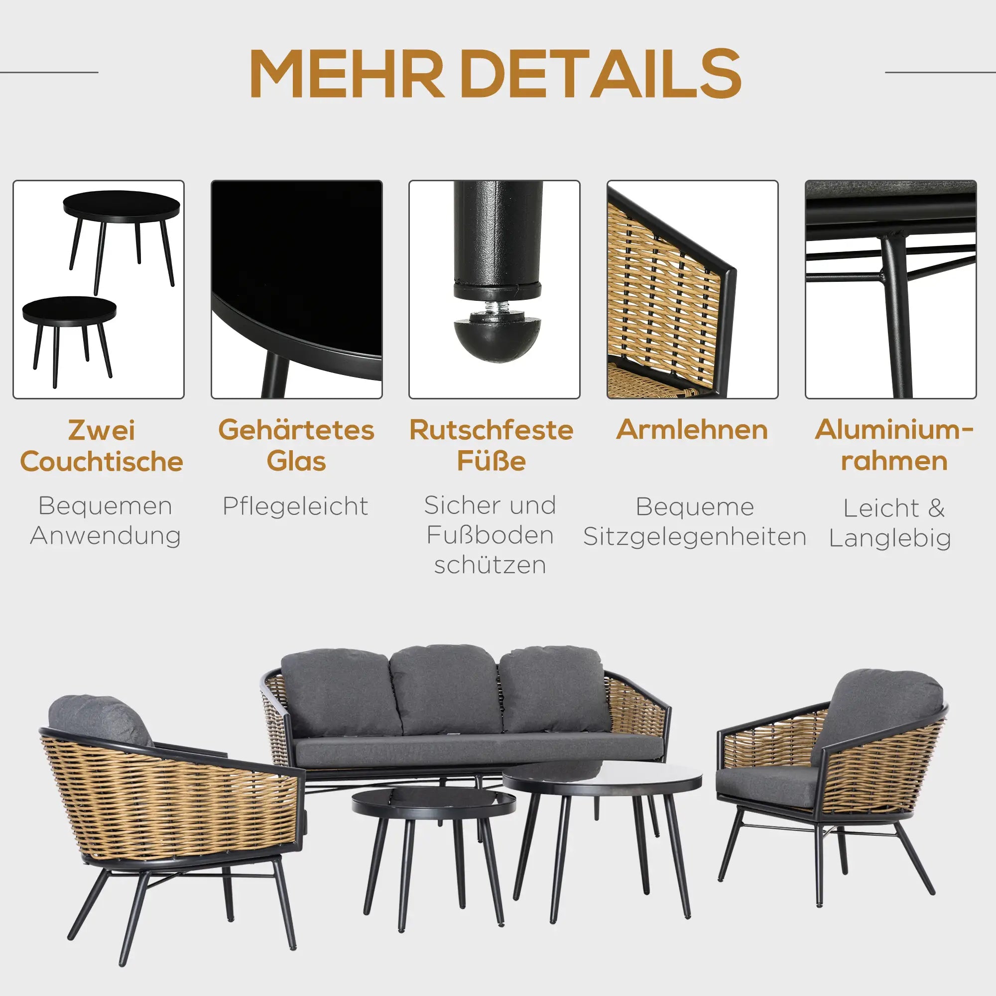 Outsunny Polyrattan Gartenmöbelset 5-tlg. Outdoor Sofa mit 2 Tischen Aluminium