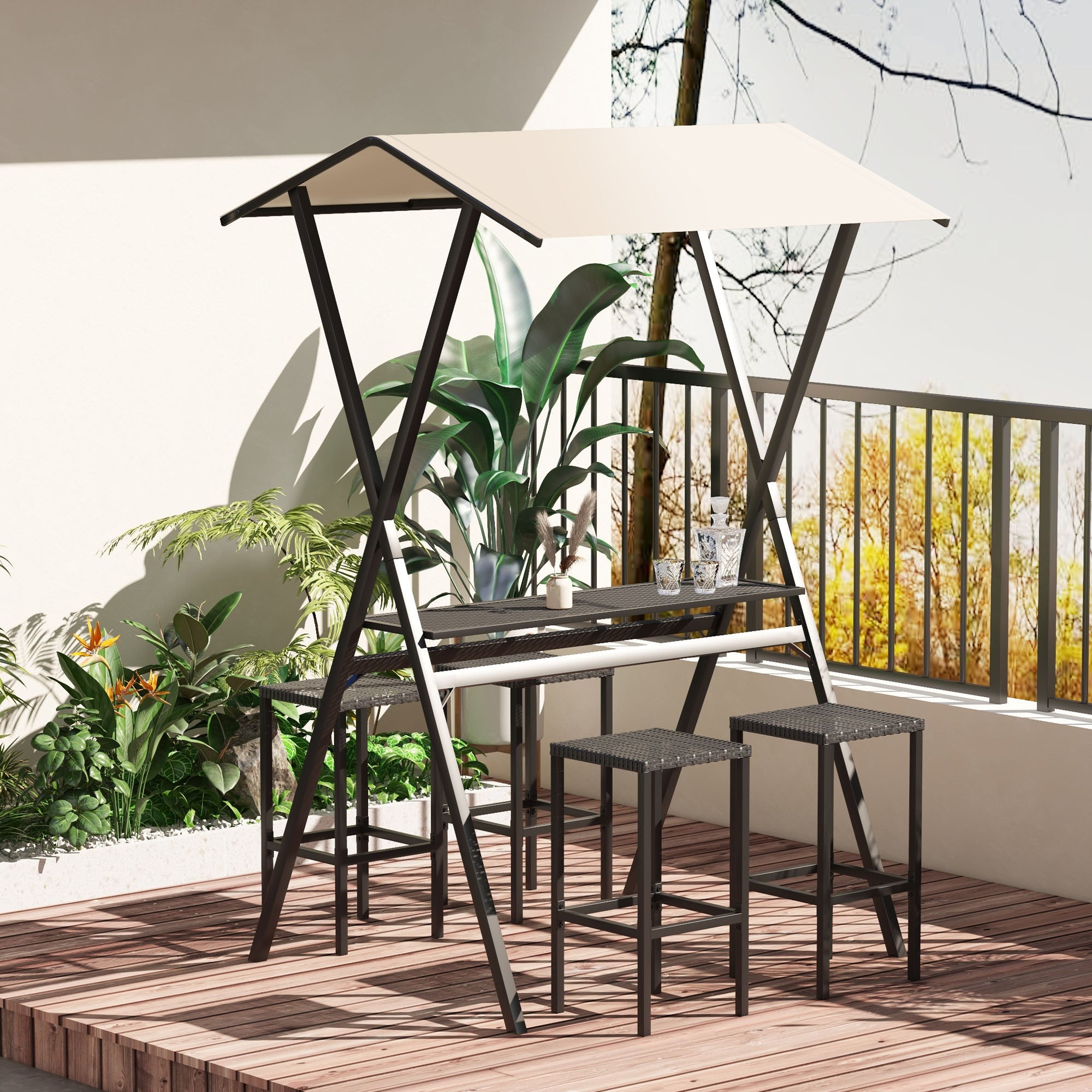 Outsunny Gartenbar-Set mit Dach & 4 Barhockern