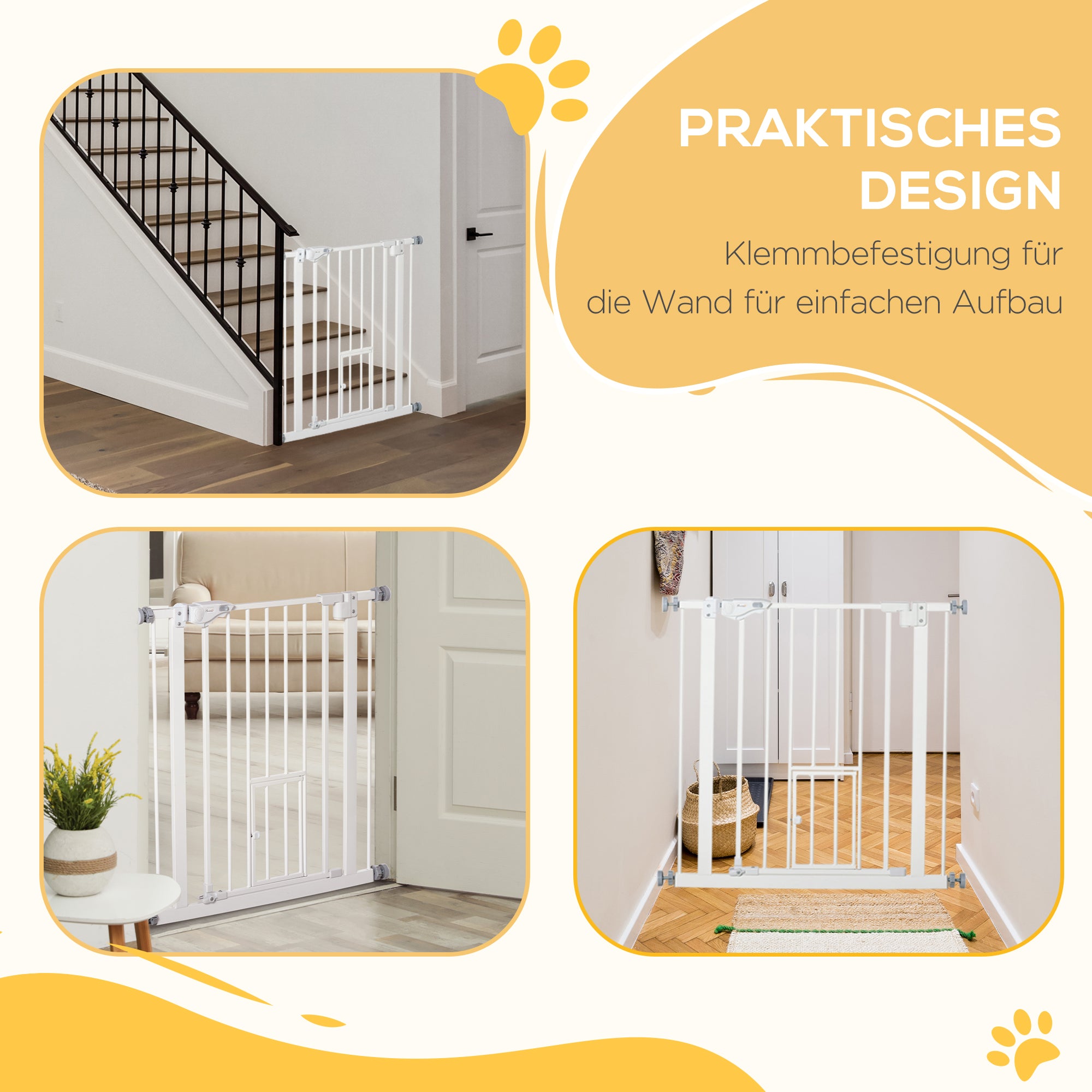 PawHut Türgitter mit Katzenklappe, Montage ohne Bohren, variable Breite 74-80 cm, einhändiges Öffnen, Metall, Weiß