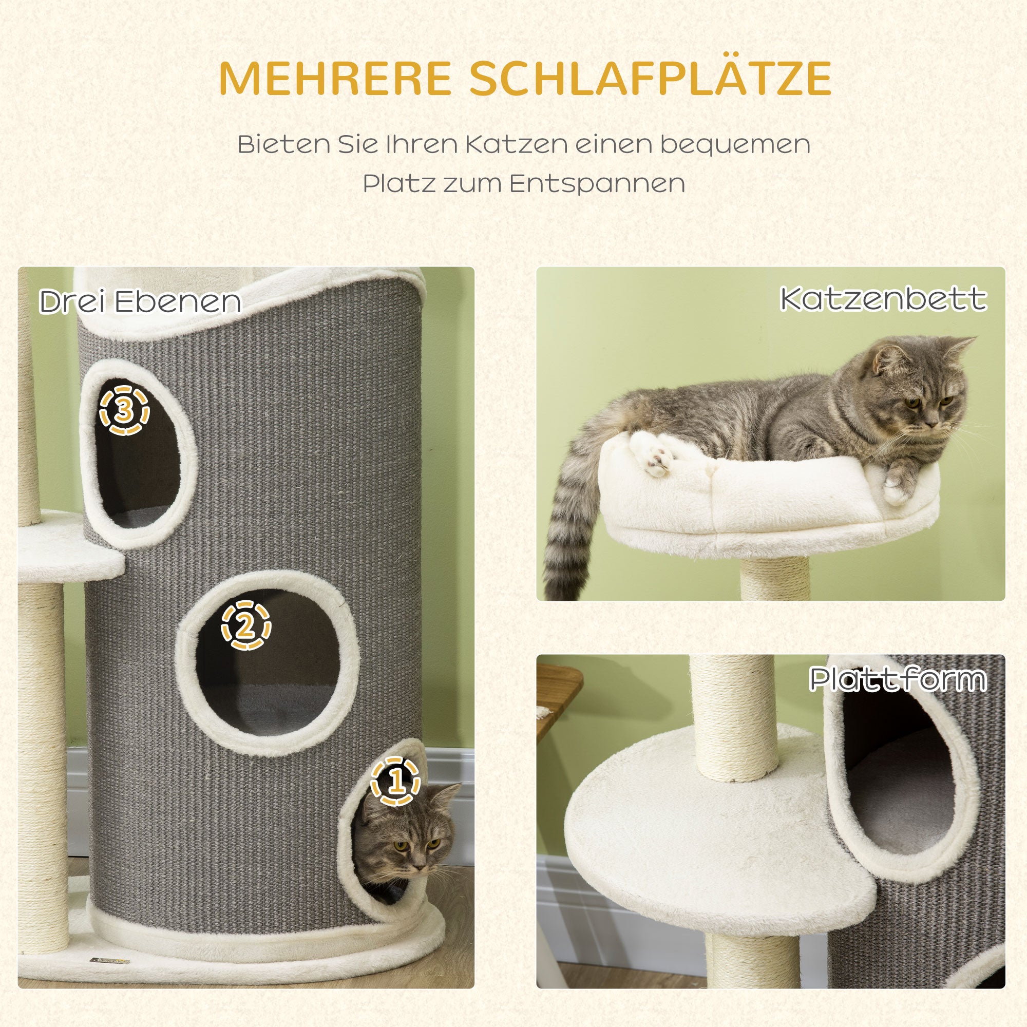 PawHut Kratzbaum mit Katzenbett u. Kratztonne für Katzen, 60 cm x 44,5 cm x 109 cm, Grau + Natur + Weiß