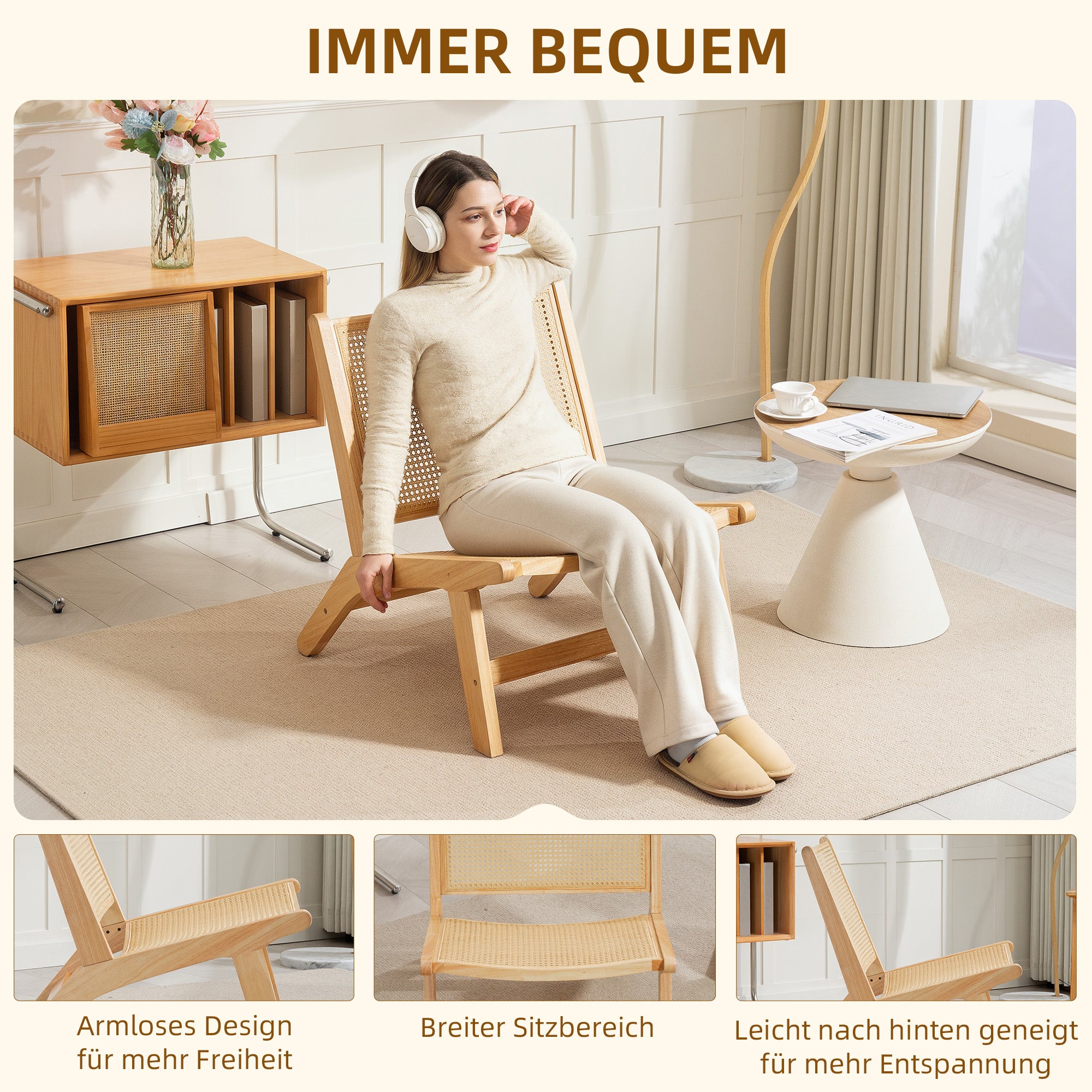 HOMCOM Rattanstuhl, Lesestuhl, Holzrahmen, breiter Sitz, 64 x 70 x 74 cm, Naturholz