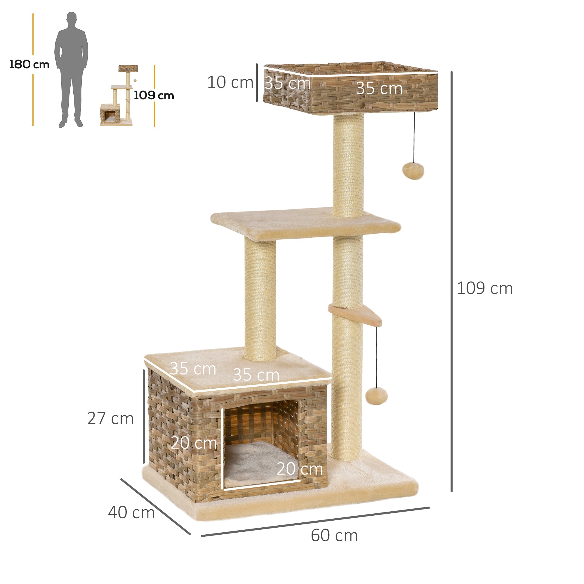 PawHut Rattan Katzenbaum Kratzbaum Kätzchen Möbel mit Katzenhöhle Ballspielzeug Sisal weiche Plüsch PE Höhe 108 cm Braun+Beige