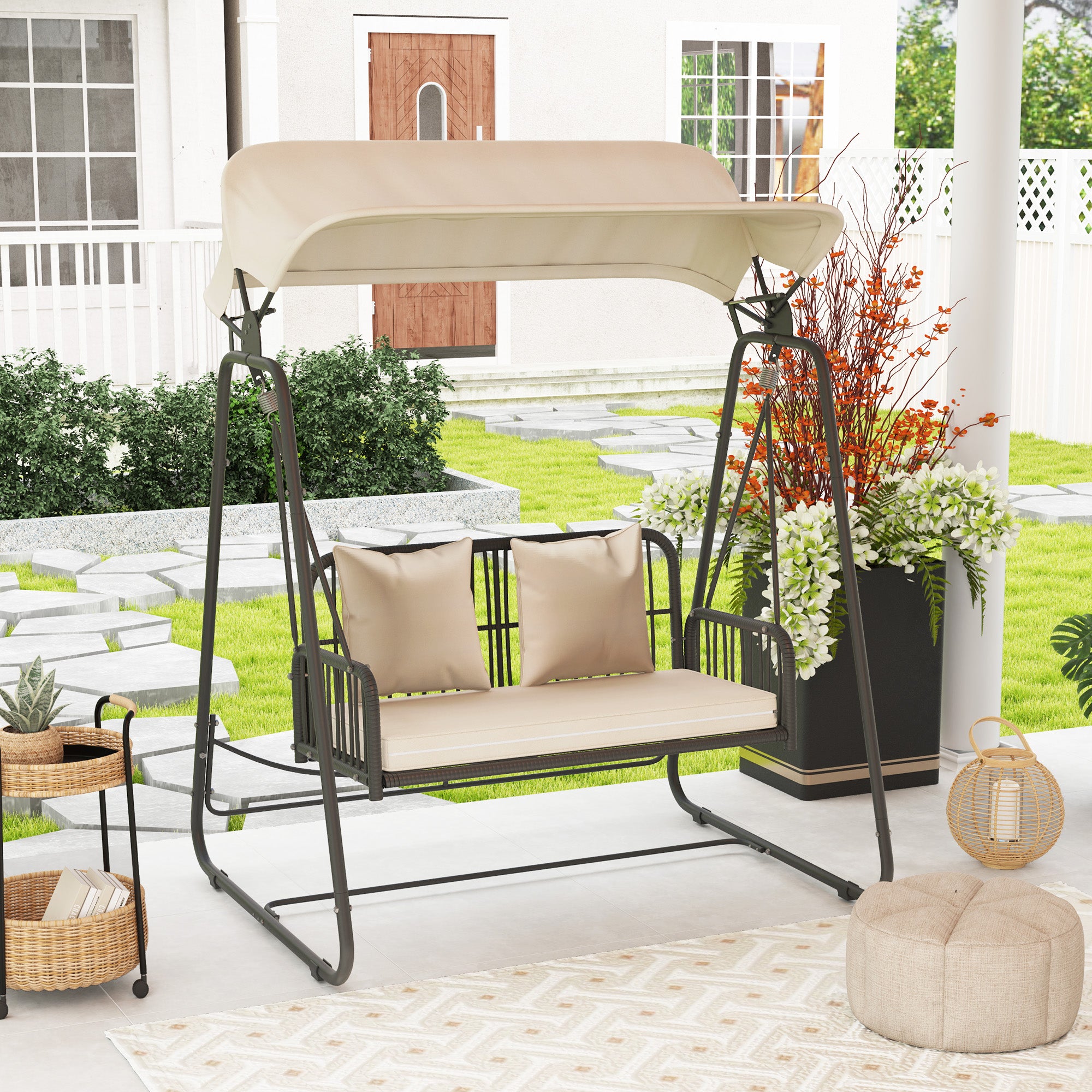Outsunny Hollywoodschaukel Rattan 2-Sitzer Gartenschaukel mit Sonnendach Kissen bis 240 kg 149 x 121 x 180 cm Khaki