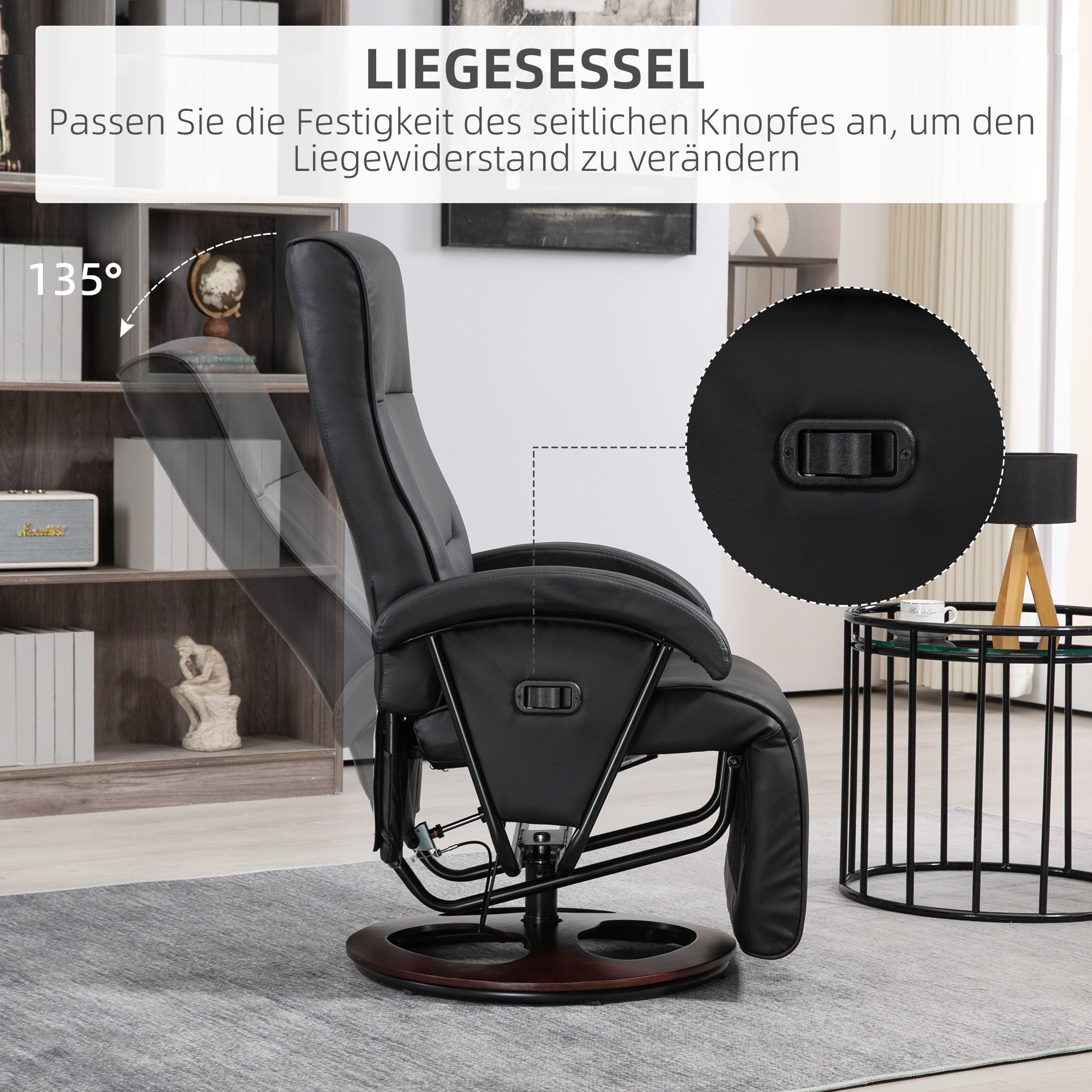 HOMCOM Drehbarer Polsterstuhl, Kunstleder, Fußstütze, Holzbasis, neigbar, Schwarz