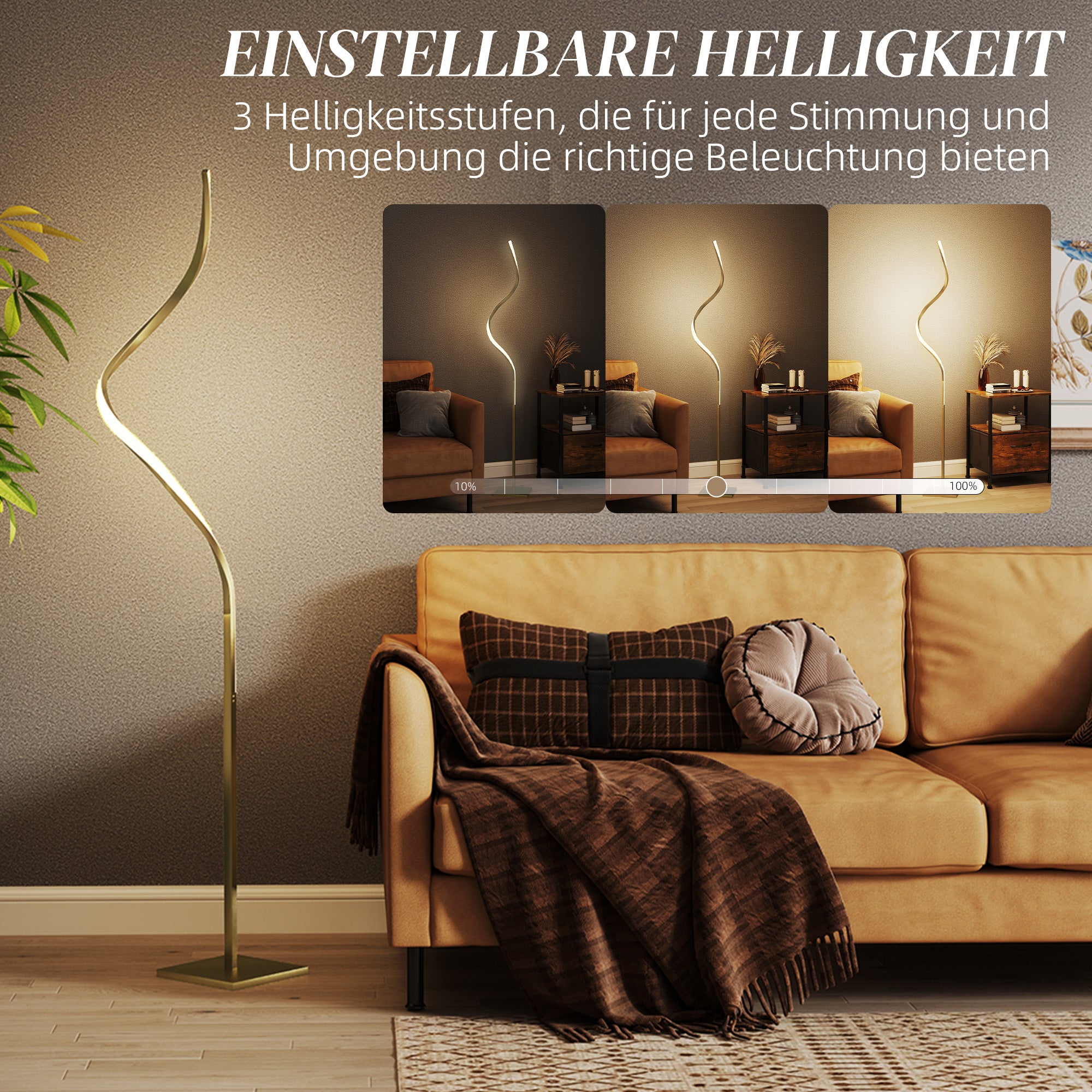 HOMCOM Stehleuchte im Spiraldesign, Fußschalter, 3 Helligkeitsstufen, 1,46 m, Gold