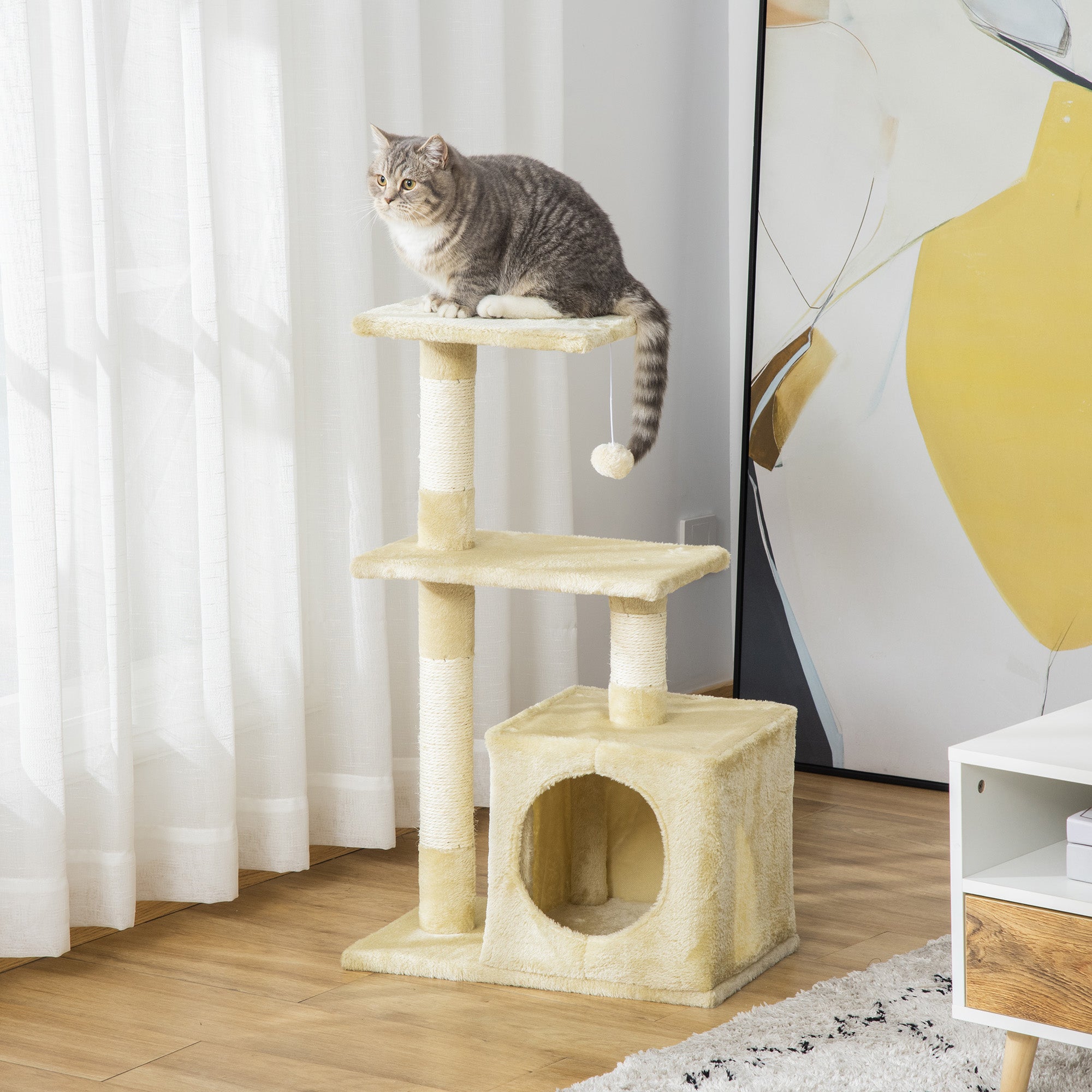 PawHut Kratzbaum mit Sisal Katzenbaum Kletterbaum Katzenmöbel Kratzbrett mit weichem Plüsch Katzenspielzeug stabil E1-Klasse Spanplatte Beige 50 x 30 x 81,5 cm