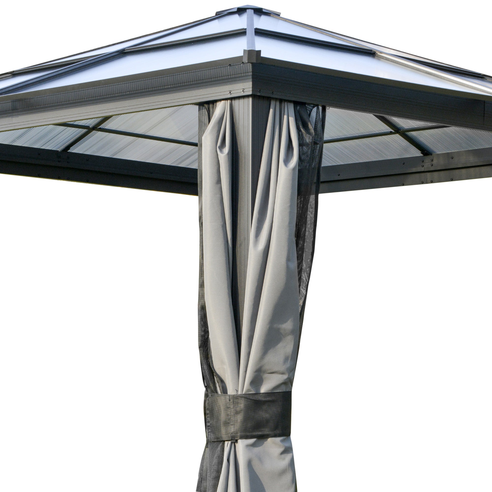 Outsunny Pavillon mit Polycarbonatdach, Vorhänge mit Fliegennetz, Alugestell, grau, 3 x 3 x 2,6 m