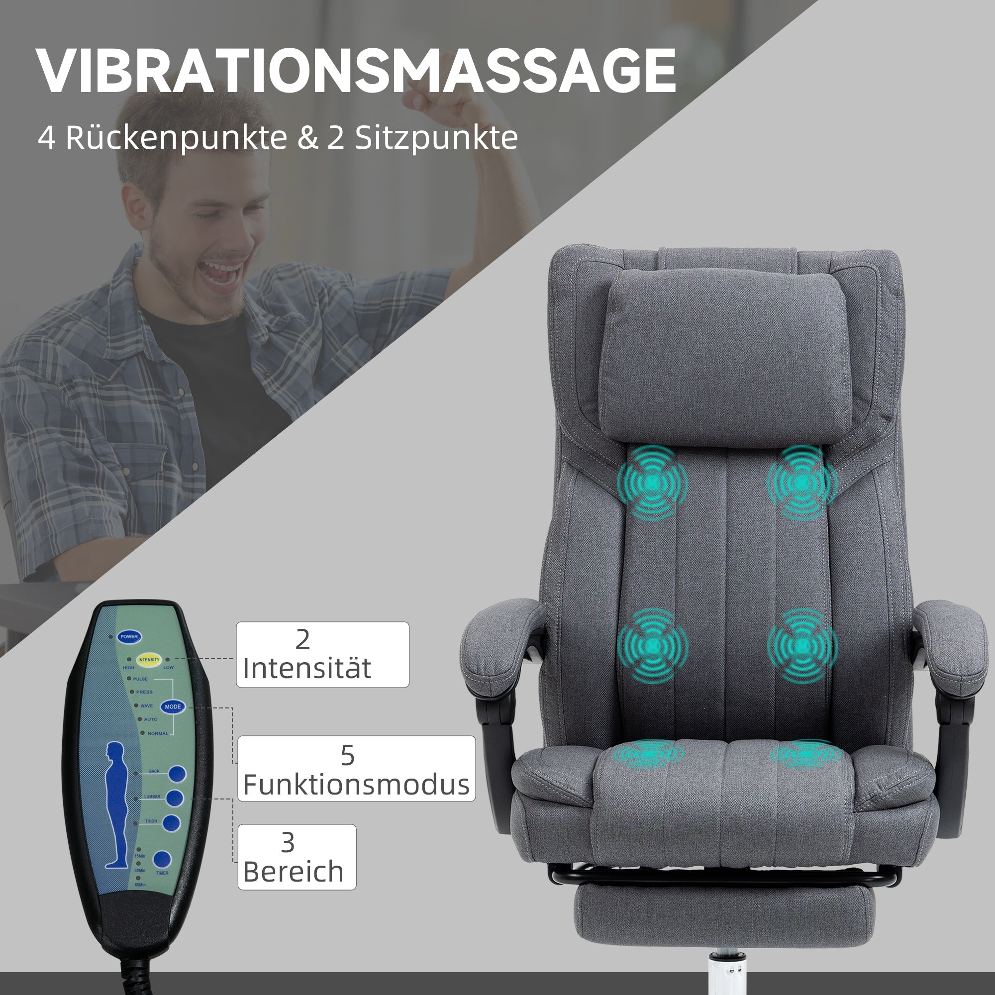 Vinsetto Bürostuhl mit Massagefunktion, neigbare Rücklehne, ausziehbare Fußstütze, Leinenoptik, grau, 65 x 61 x 113 cm