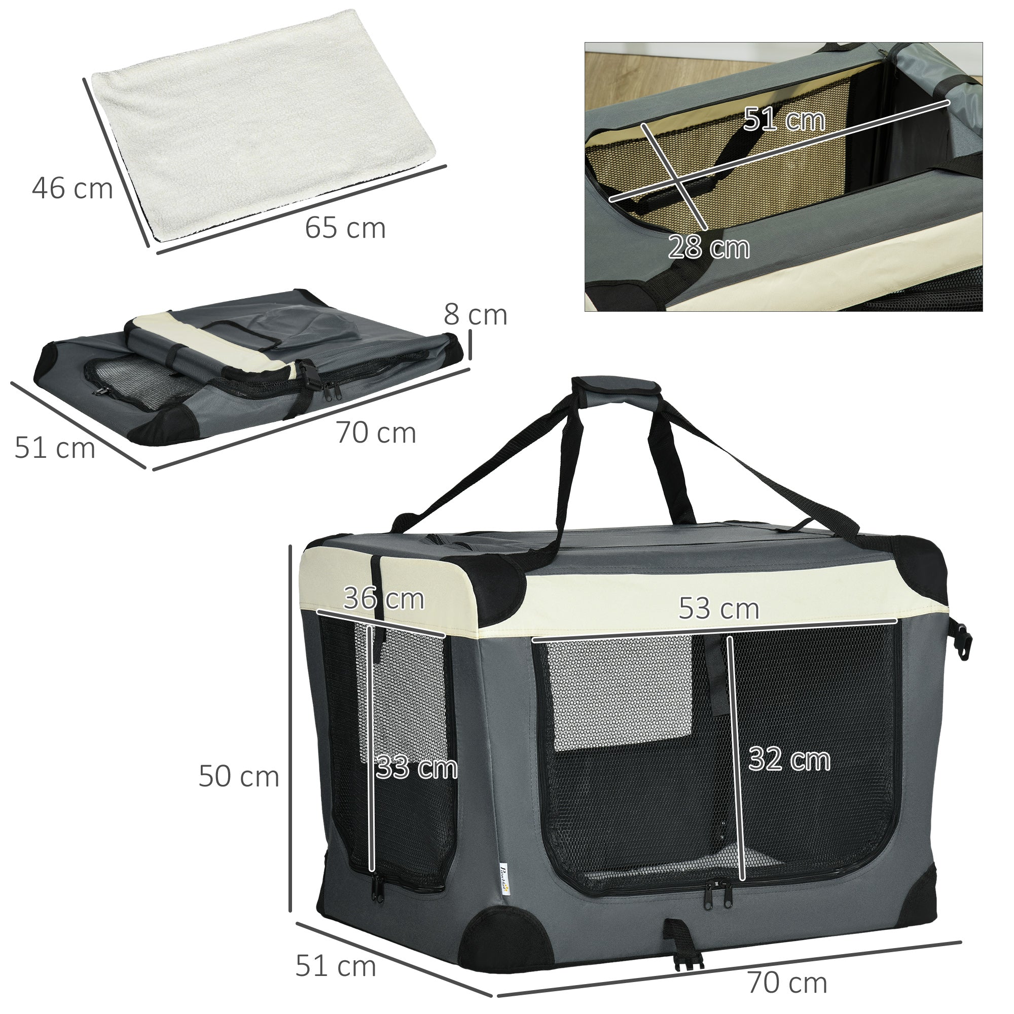 PawHut Transporttasche, Transportbox, für Katzen und kleine Hunde, faltbar, 3 Türen, grau, 70 x 51 x 50cm