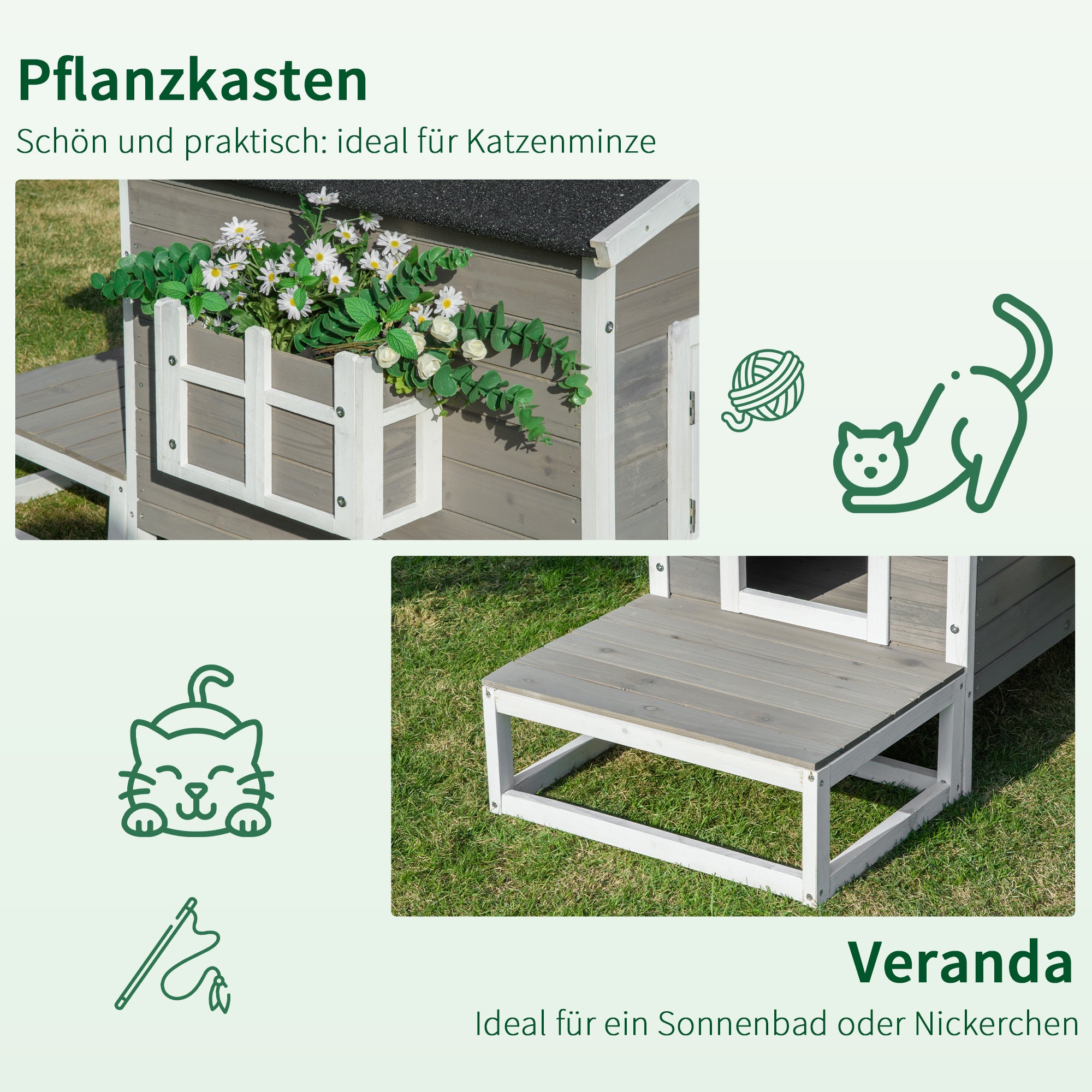 PawHut Katzenhaus aus Holz Winterfest wasserdicht Katzenhütte mit Asphaltdach  Terrasse Katzenhöhle Katzenkiste Outdoor Schutzhütte für Draußen Garten Balkon 115 x 66,5 x 74,7 cm Grau+Weiß