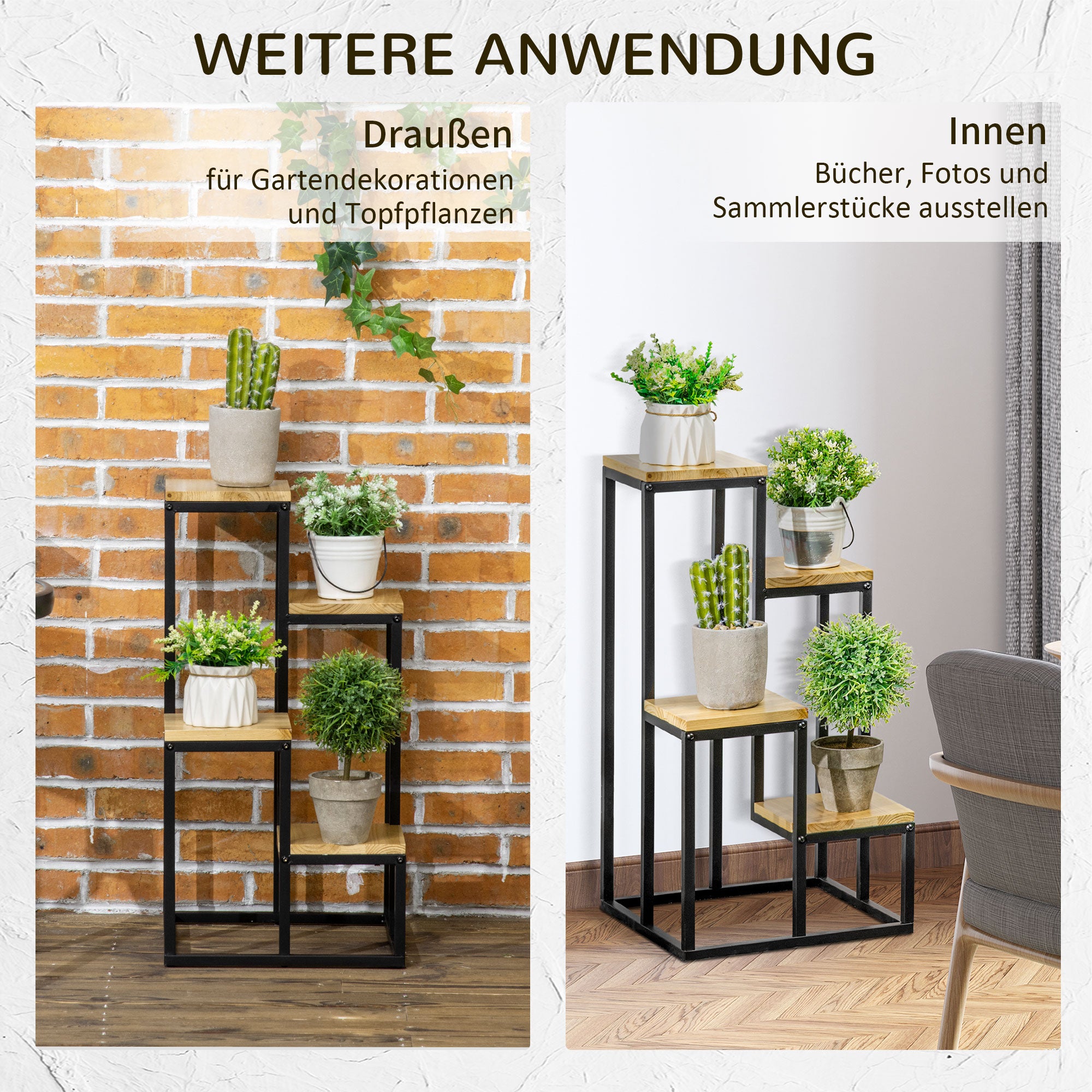 Outsunny Pflanzenständer im Industrie Design mit 4 Regalen, Blumentreppe, 34 cm x 34 cm x 66 cm, Natur + Schwarz