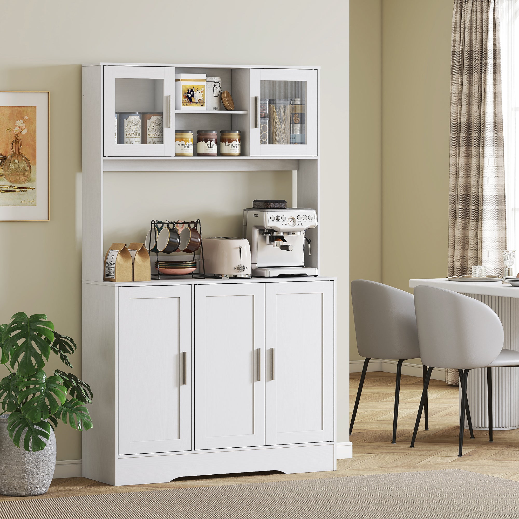 HOMCOM Küchenschrank, Skandinavisches Design, 4 Schränke, verstellbare Regale, Glastüren, offene Fläche, Spanplatte, MDF, Weiß