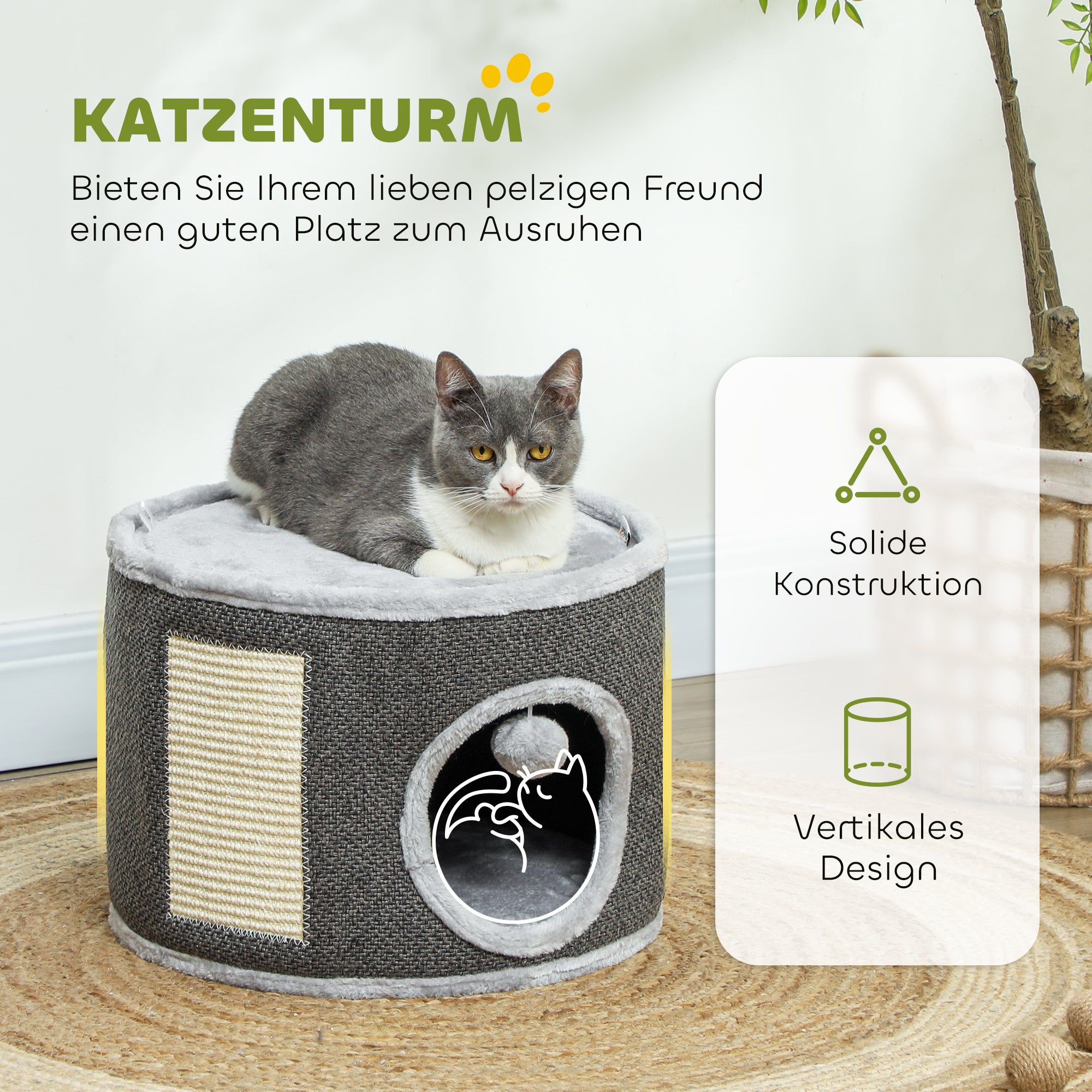 PawHut Katzenhöhle, 2 Etagen, Katzenhaus, Plüsch, Kissen, Sisal-Kratzbrett, Φ40 x 30H cm, Dunkelgrau