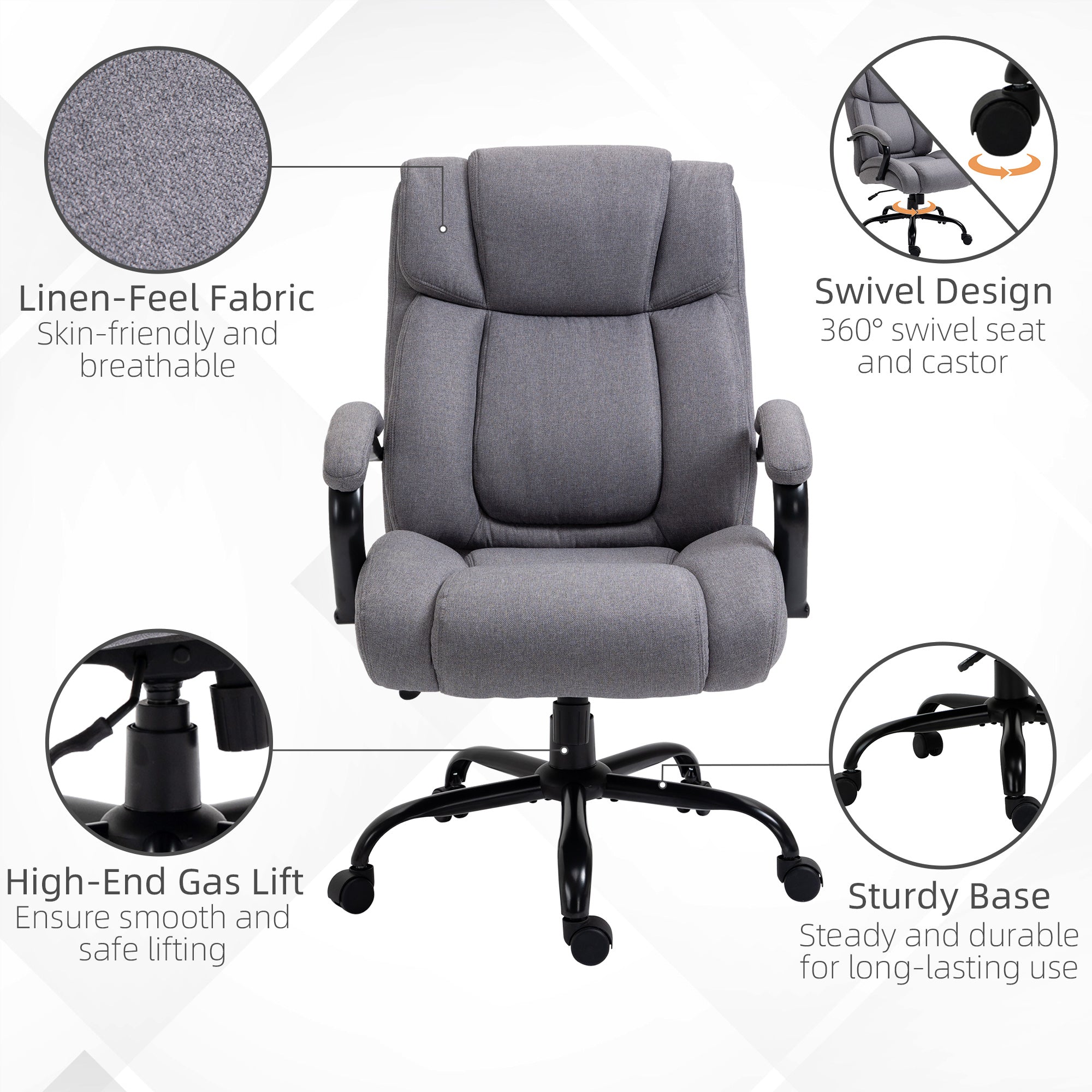 Vinsetto Bürostuhl, Ergonomischer Chefsessel, Gepolsterter Schreibtischstuhl mit Armlehne, Höhenverstellbarer Drehstuhl mit Wippfunktion, Leinenoptik, bis 220 kg belastbar, Hellgrau