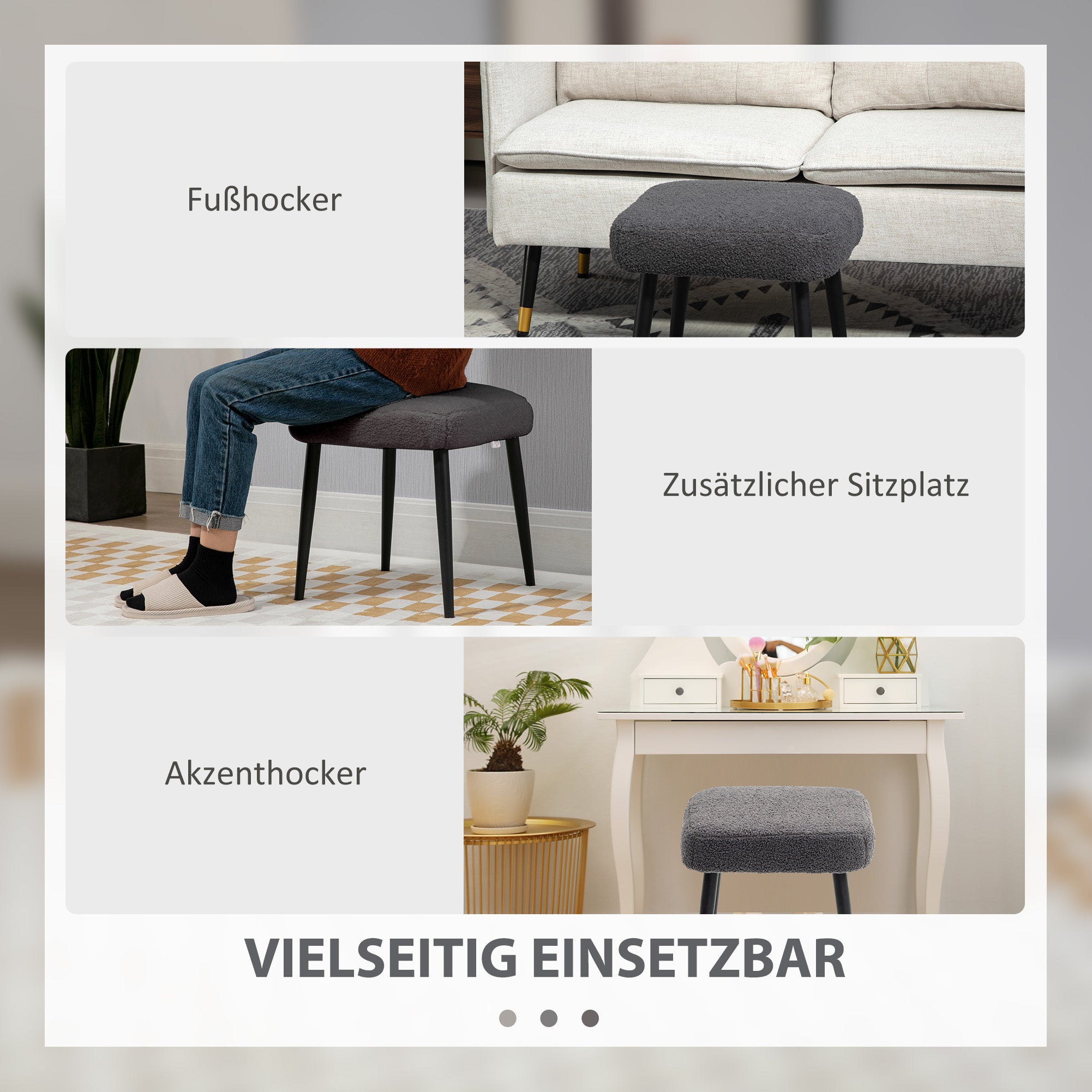 HOMCOM Hocker, Fußstütze, gepolsterter Sitz, Kaschmir-Optik, Stahlbeine, 42 x 42 x 47 cm, Dunkelgrau