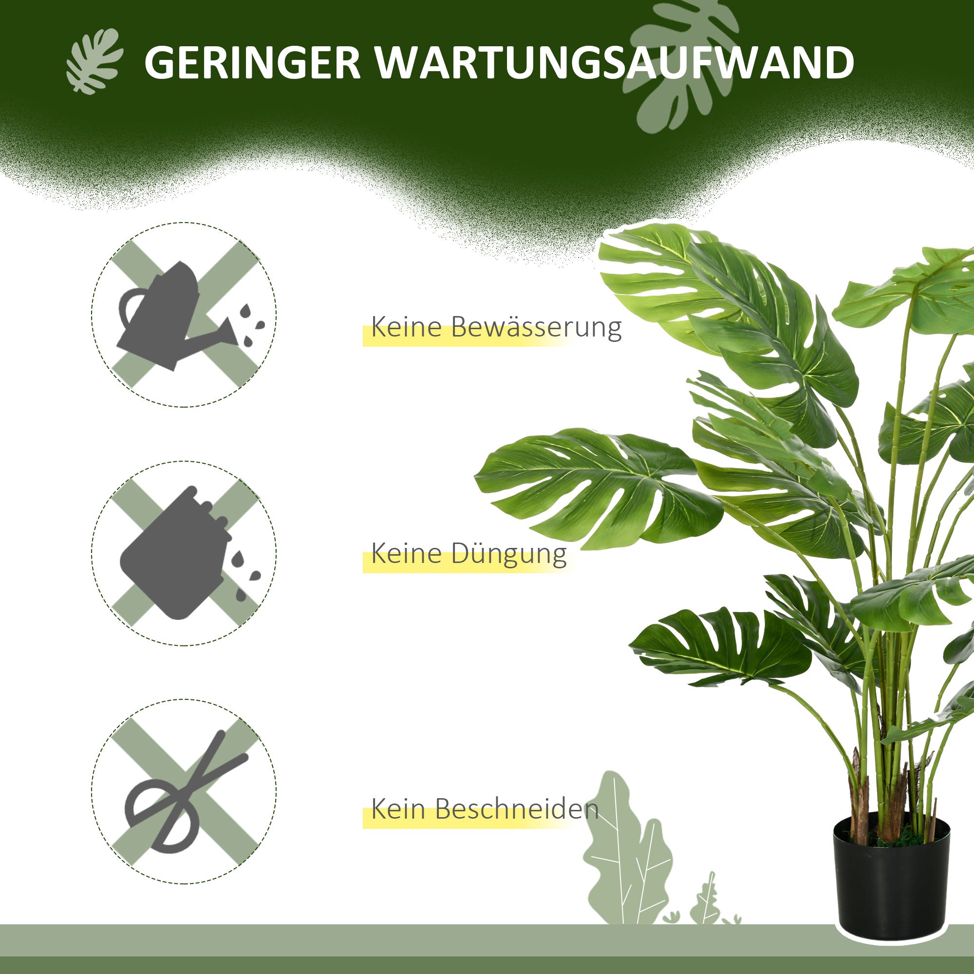 HOMCOM Kunstpflanze Realistische Kunstpflanze Monstera Deliciosa,1 Übertopf und Zementerde,17,5 cm x 17,5 cm x 120 cm, Grün