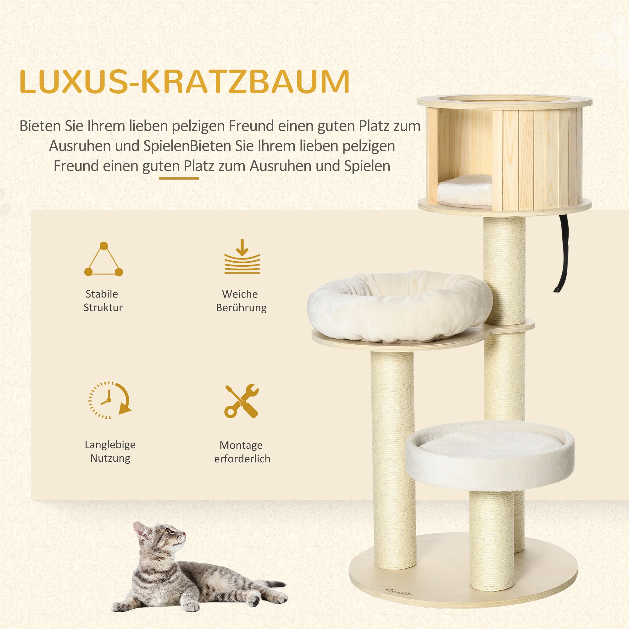 PawHut Kratzbaum Holz 122 cm hoch Katzenturm mit drei Ebenen, Sisalstämme, Plattform, mehrstöckiger Katzenkratzbaum, Kletterbaum für Katzen unter 4,5kg, Natur+Creme