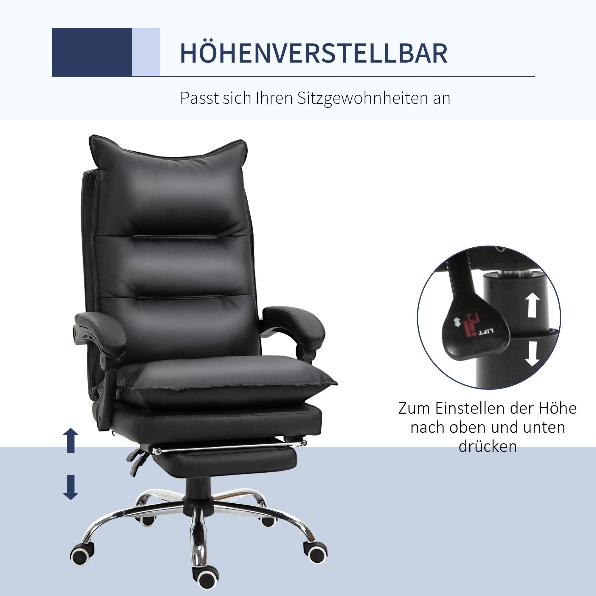 Vinsetto Bürostuhl mit Liegefunktion, ergonomisch Schreibtischstuhl, höhenverstellbar Drehstuhl mit Fußstütze, gepolstert, bis 135 kg belastbar, für Büro, Arbeitszimmer, Schwarz